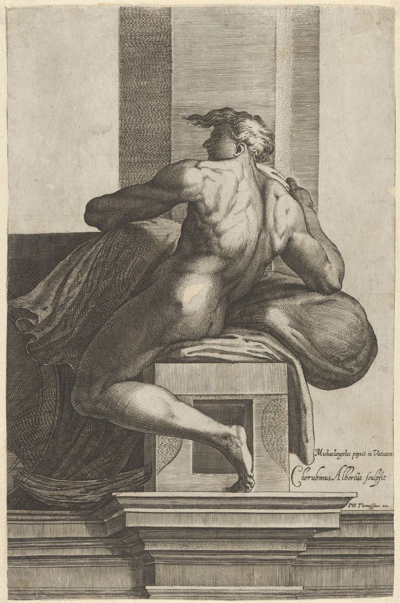 A naked man (Ignudo), seated and facing left, after Michelangelo's  'The Last Judgment' fresco in the Sistine Chapel by Cherubino Alberti