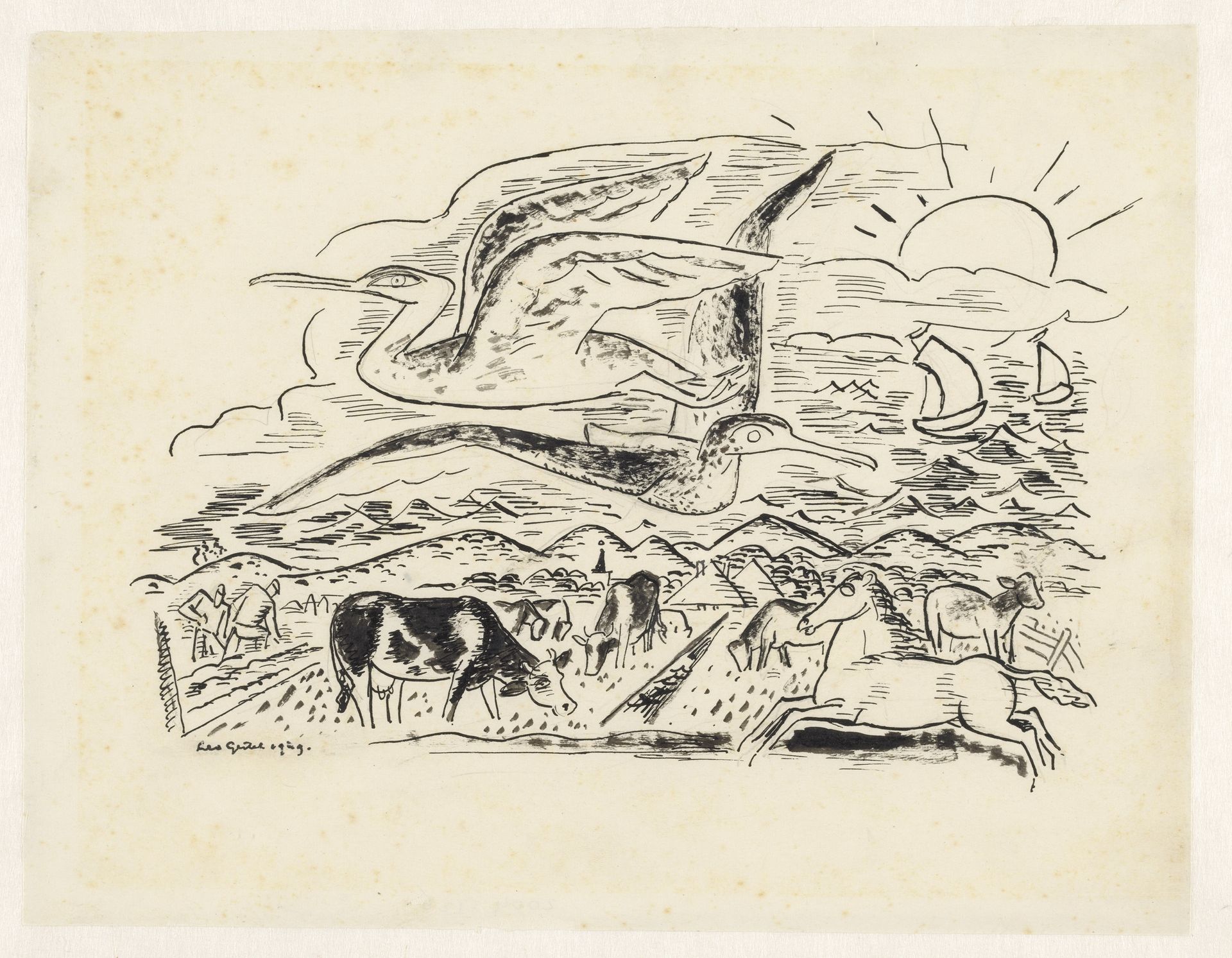Twee vogels vliegen over een landschap met vee by Leo Gestel