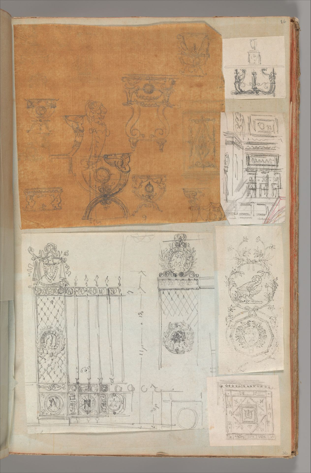 Page from a Scrapbook containing Drawings and Several Prints of Architecture, Interiors, Furniture and Other Objects by Charles Percier