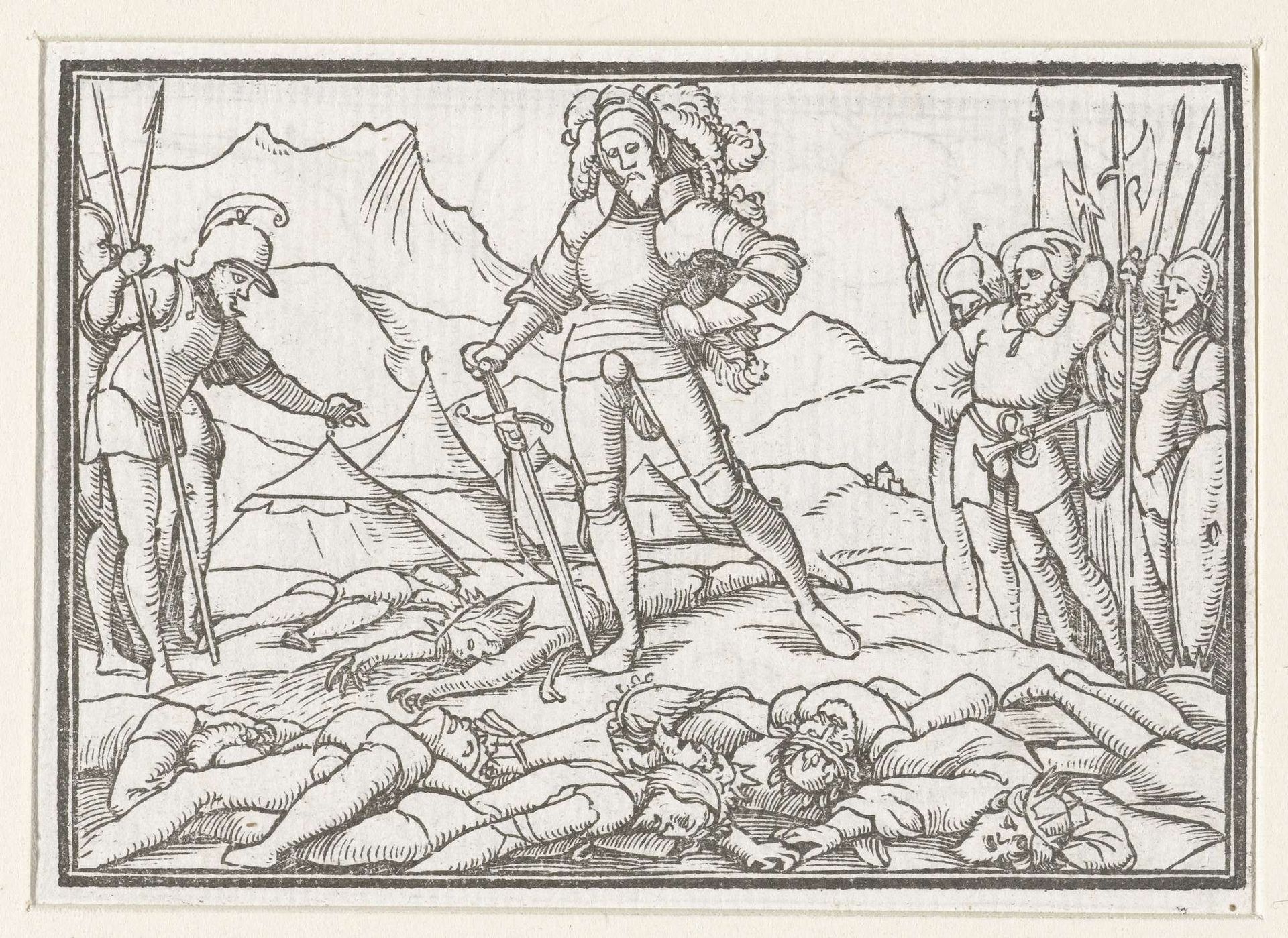 Jozua als legeraanvoerder van Israëlieten met lichamen van de verslagen koningen by Hans (II) Holbein