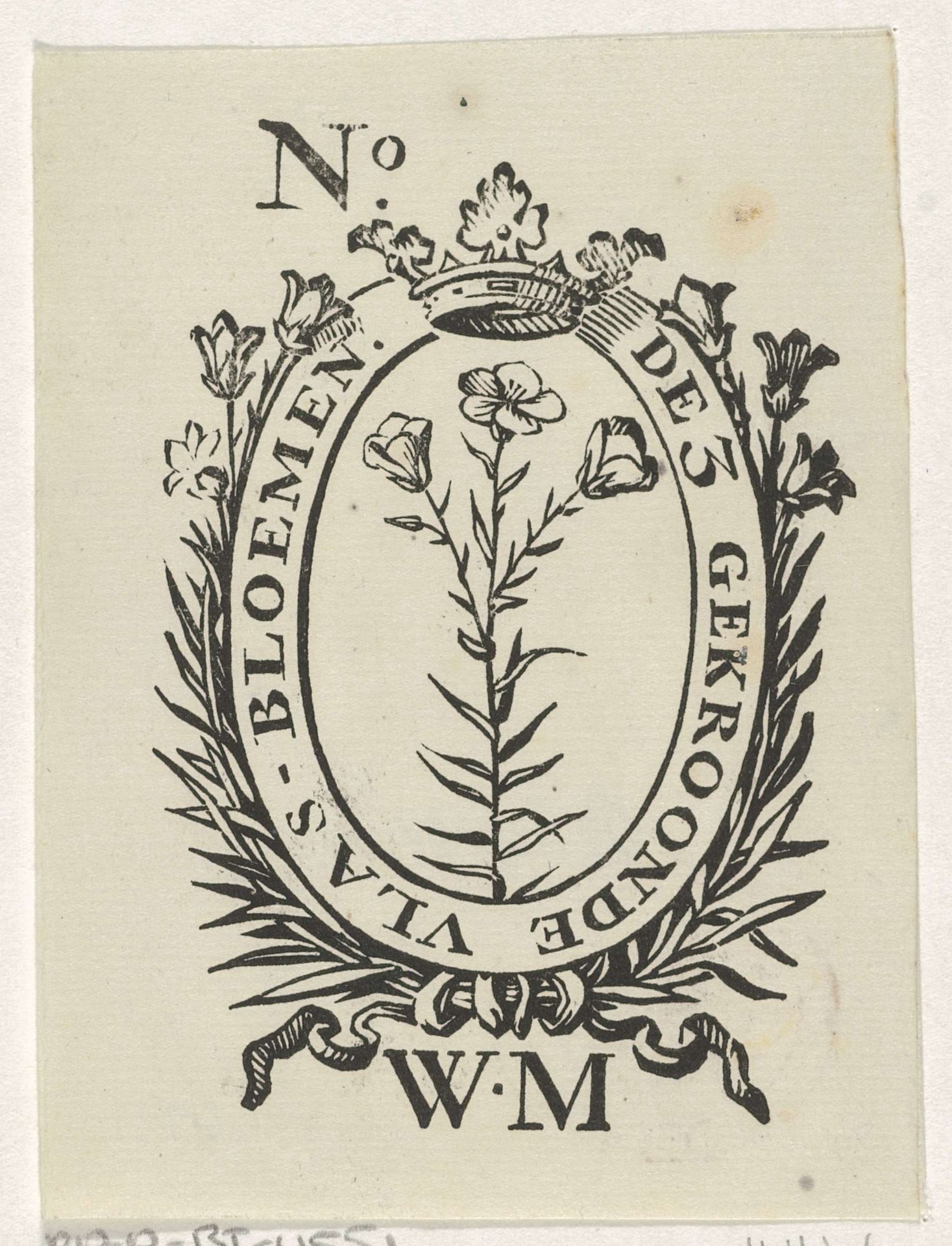 Handelsetiket met drie vlasbloemen, een kroon en het monogram WM by Isaac Vincentsz. van der Vinne