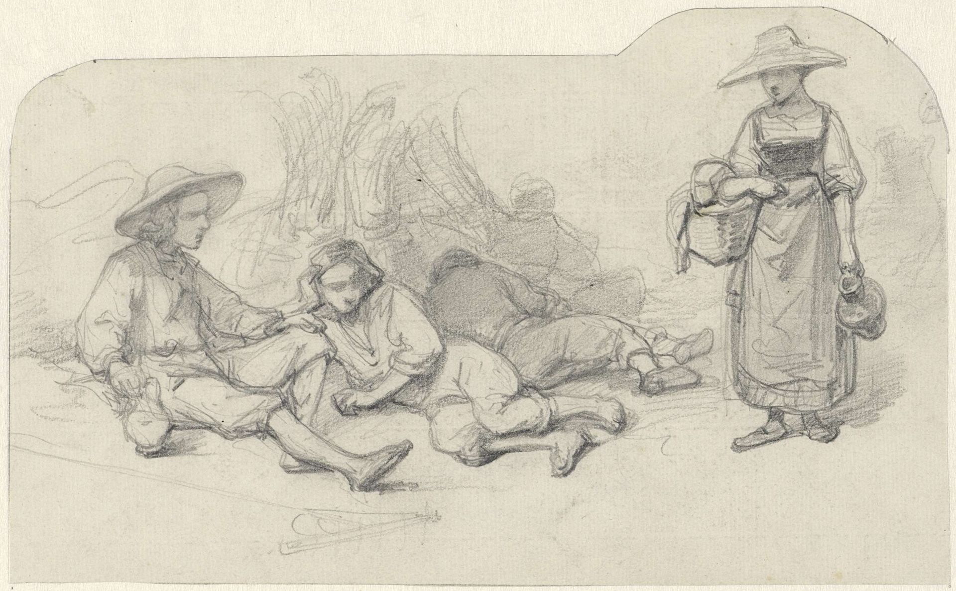 Rustende maaiers en vrouw met eten en drinken by Willem Pieter Hoevenaar
