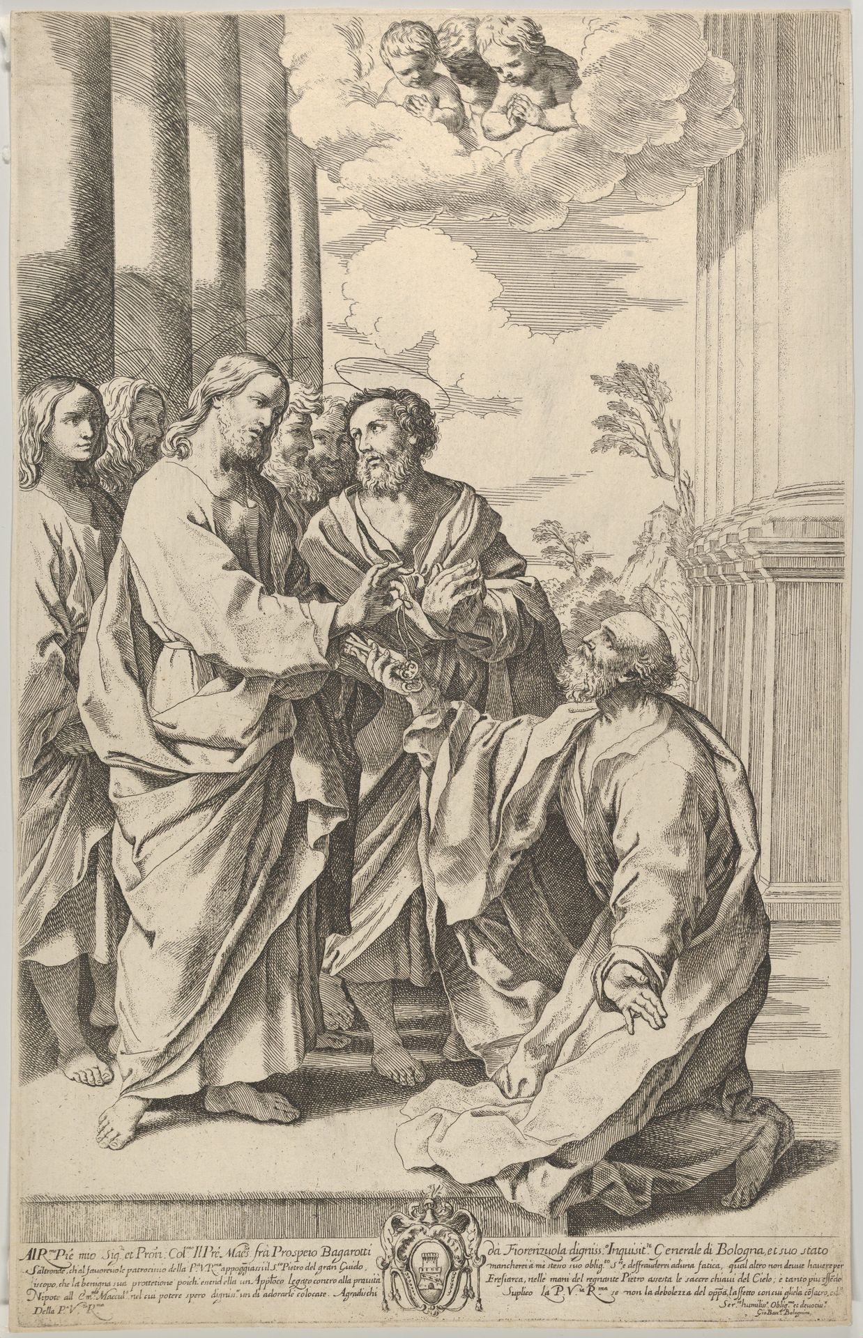 Christ giving the keys of the church to Saint Peter who kneels before him, after Guido Reni by Gian Battista Bolognini