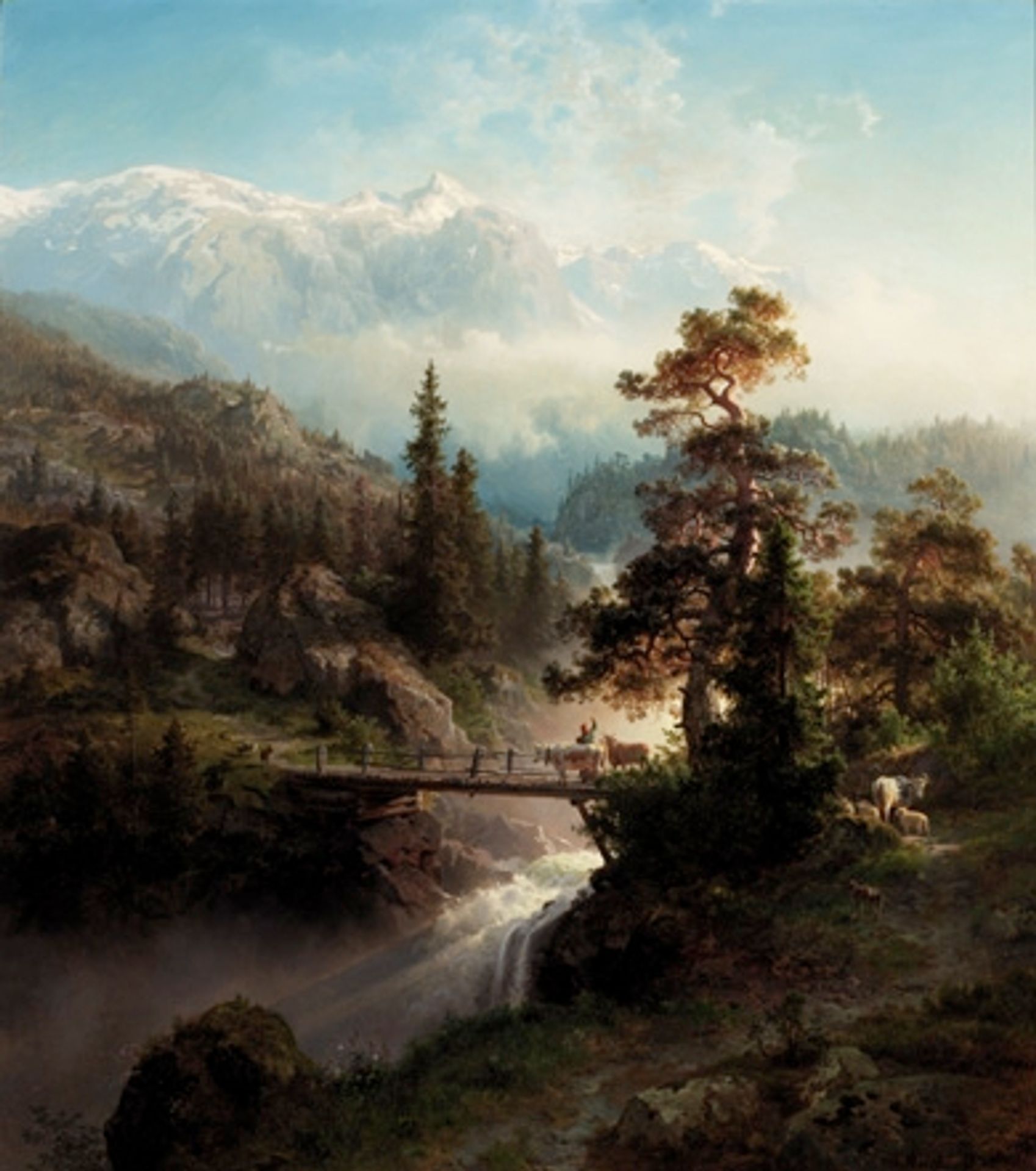 Landskap Med Buskap Og Foss by Hans Gude