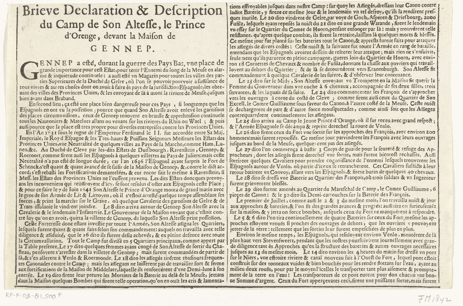 Kaart van het beleg van Huis te Gennep (tekstblad), 1641 by Claes Jansz. Visscher