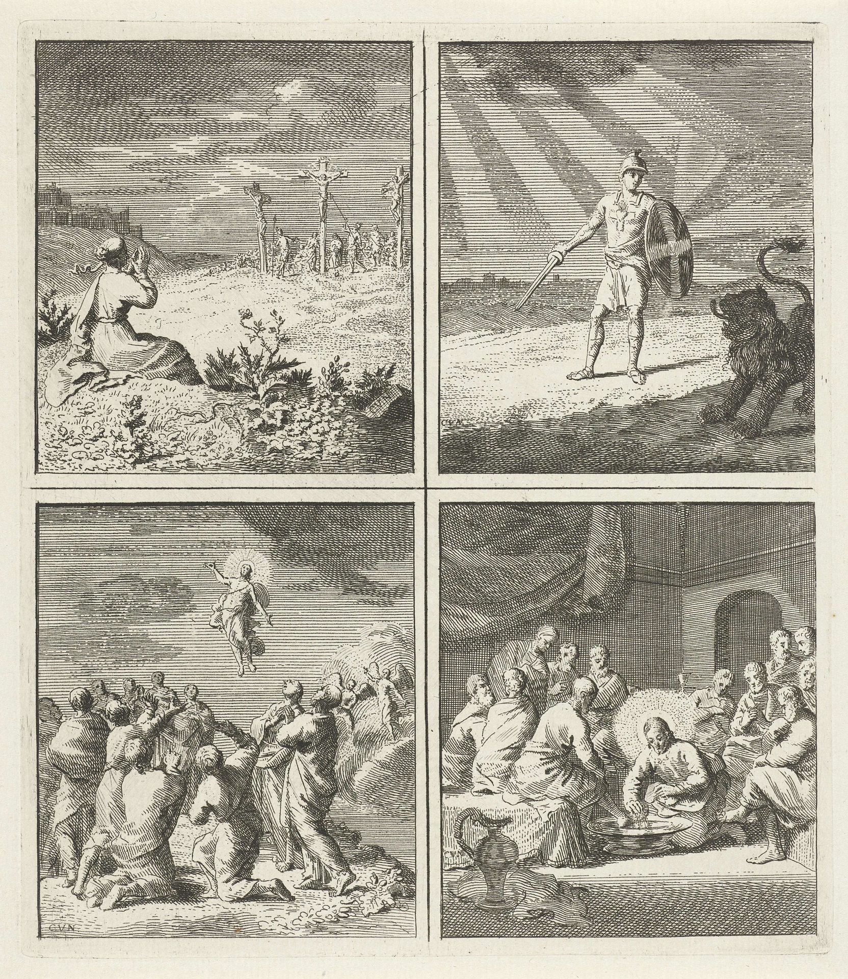 Vrouw in aanbidding bij Golgota / Geestelijke wapenrusting /  Hemelvaart /  Christus wast de voeten van Petrus by Cornelis van Noorde