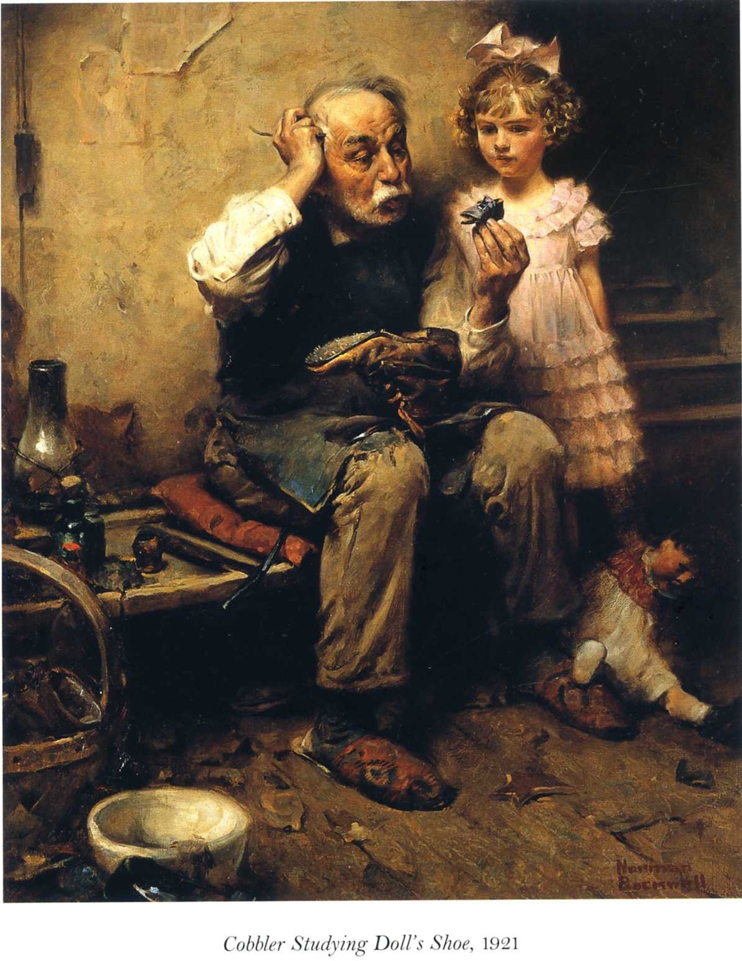 Cobbler Studying Doll's Shoe by Norman Rockwell
