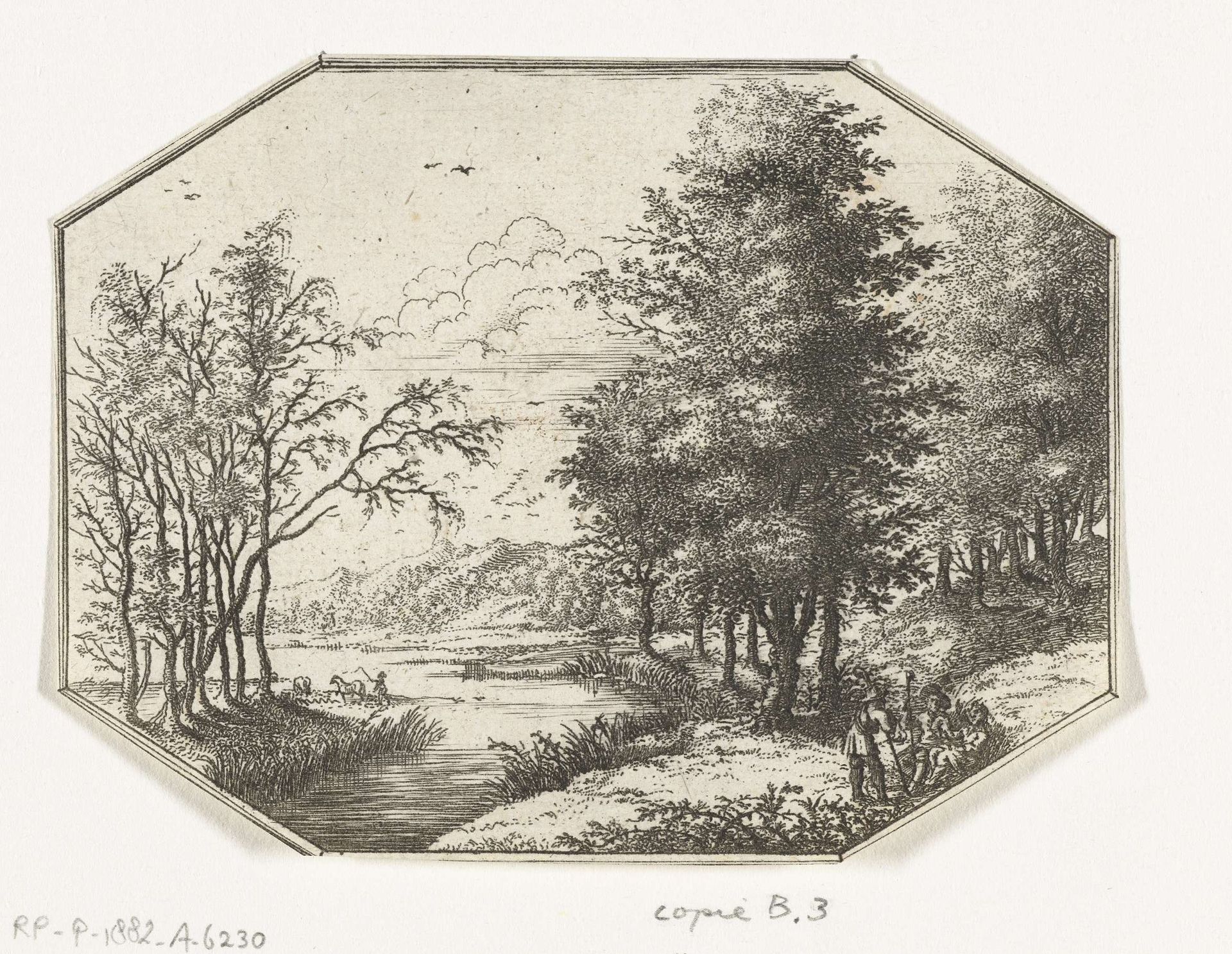 Landschap met drie figuren bij een meer by Anonymous