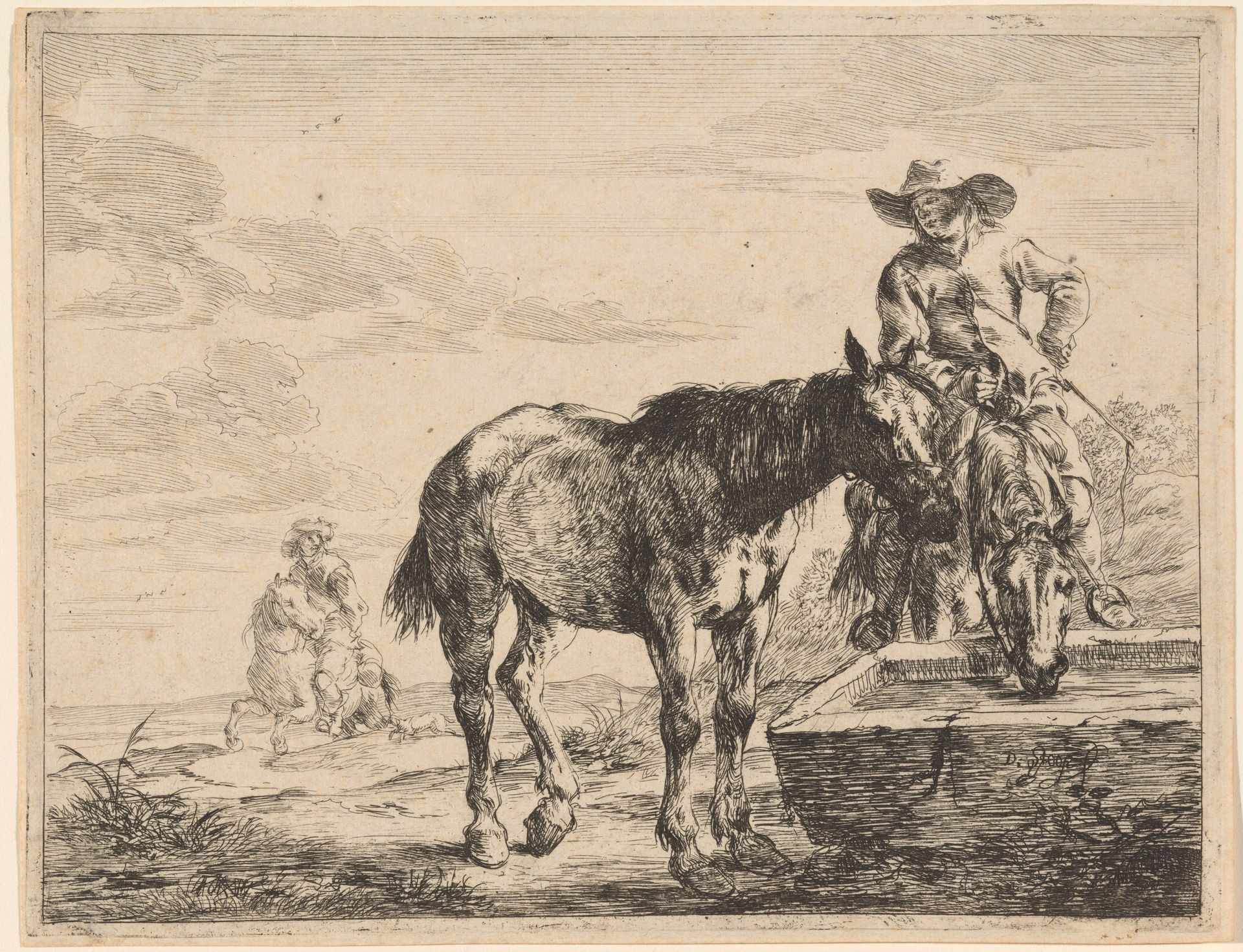 Two Horses Drinking at a Trough by Dirck Stoop