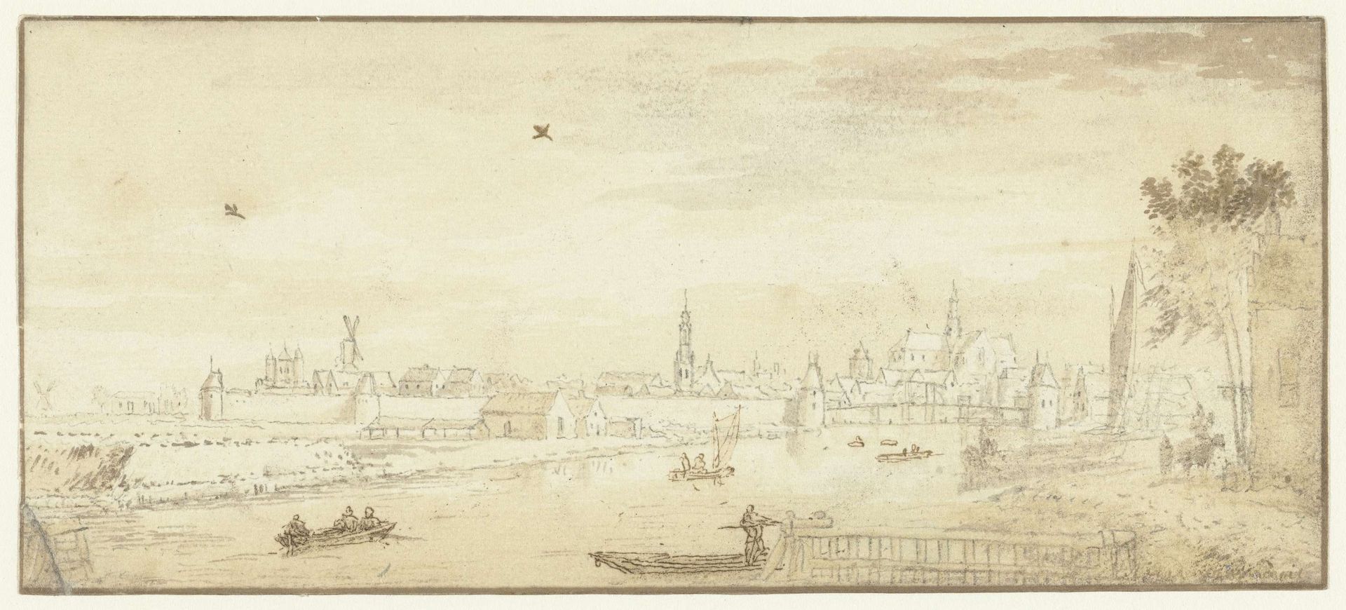 Gezicht op Haarlem met het Spaarne op de voorgrond by Abraham Rademaker