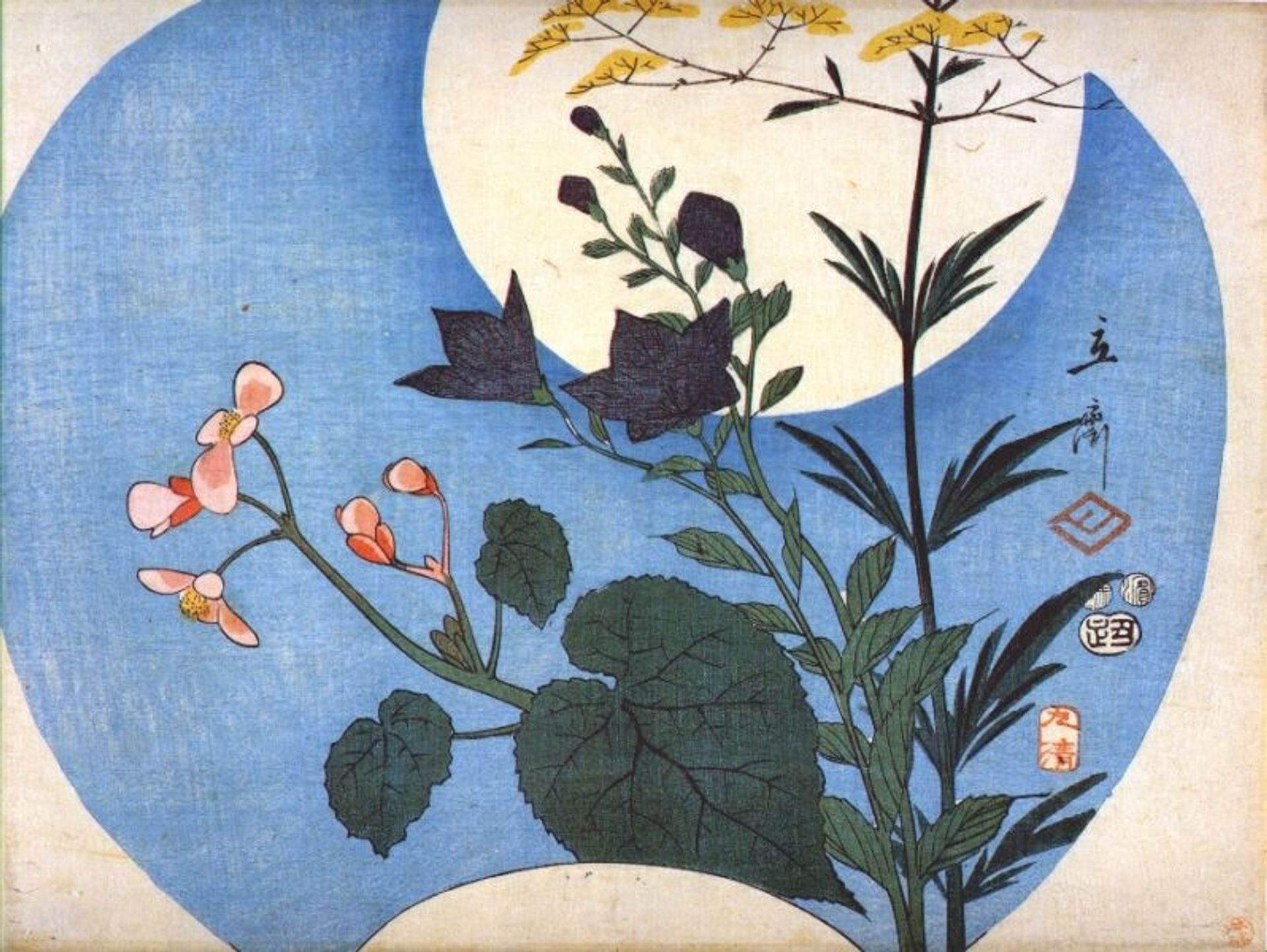 Autumn flowers in front of full moon by Utagawa Hiroshige