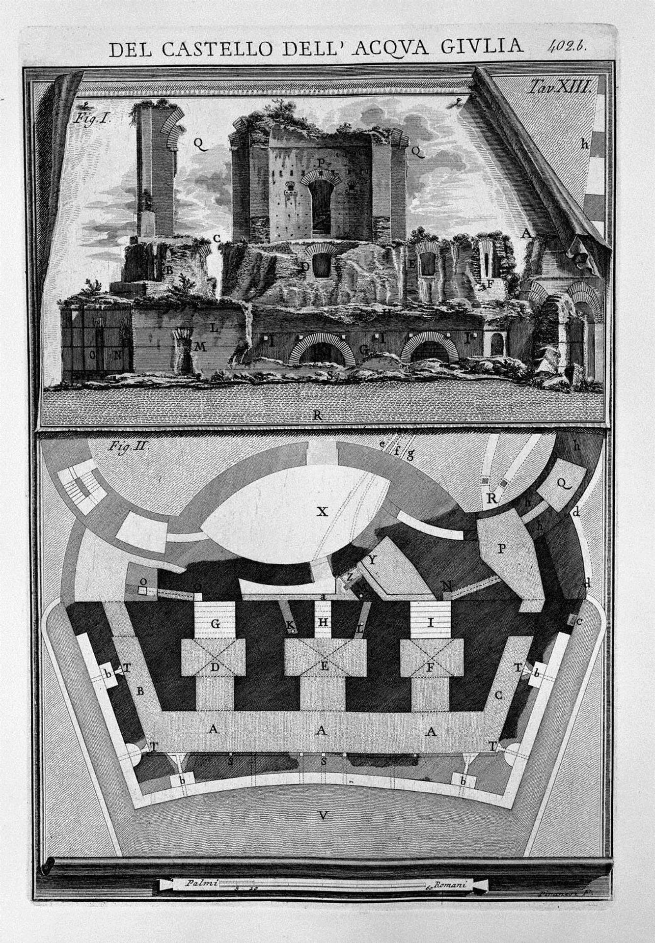 Plan and elevation of the castle ruins stripped of any building addition by Giovanni Battista Piranesi