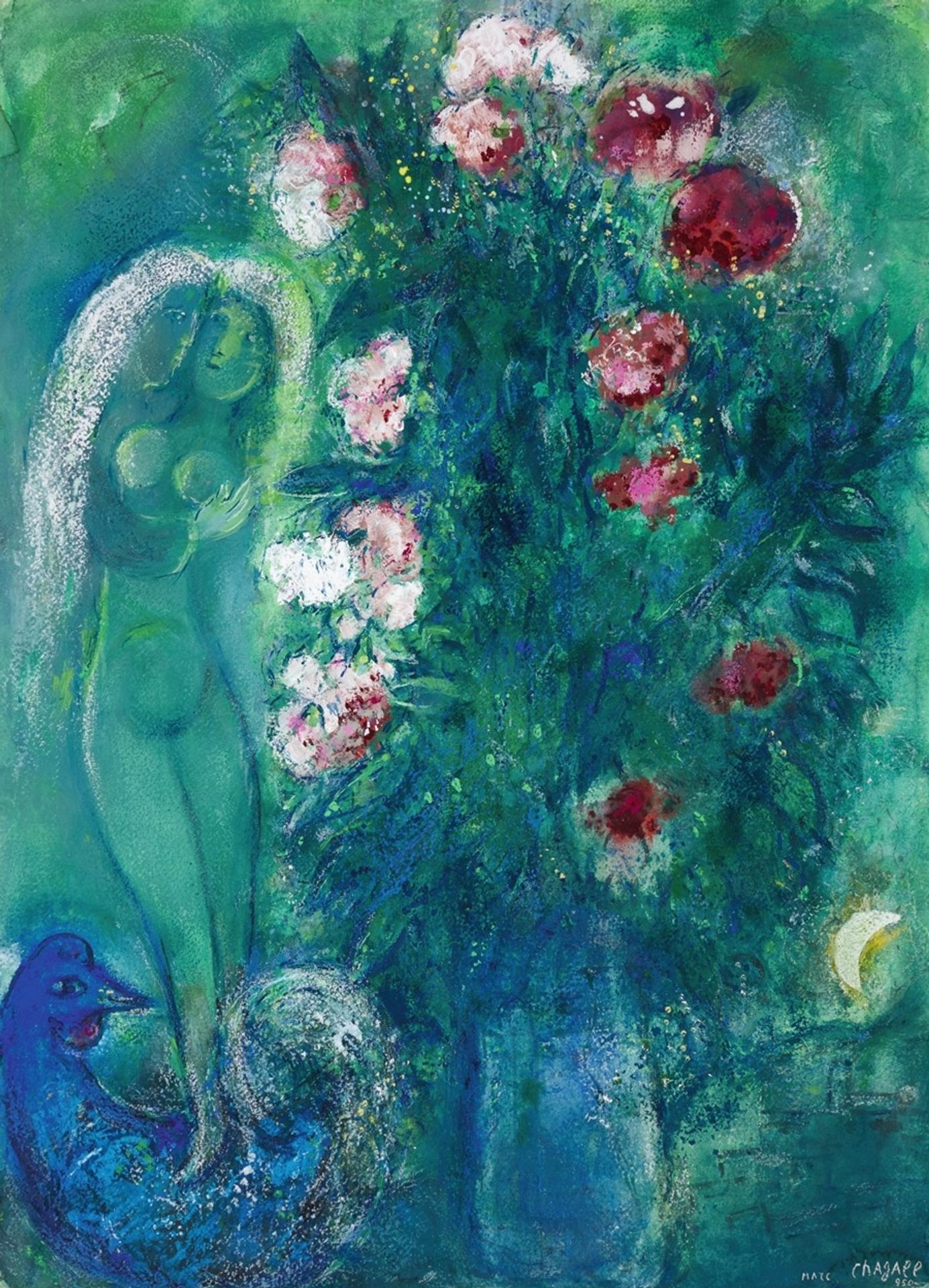 Bouquets d’œillets aux amoureux en vert by Marc Chagall