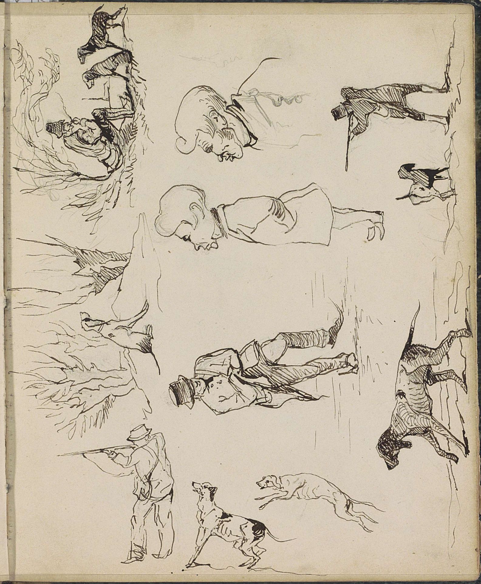 Jagers met honden en karikaturale koppen by Johannes Tavenraat