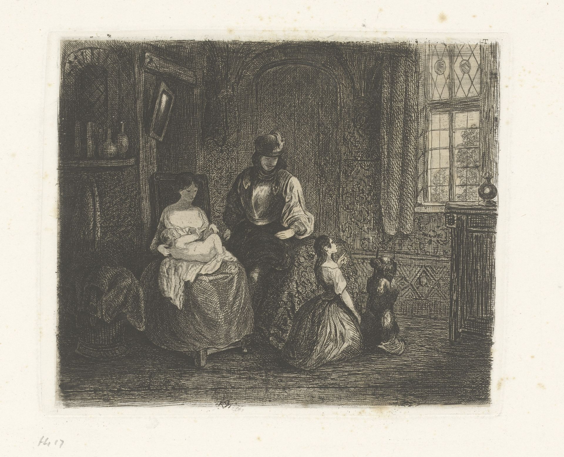 Interieur met gezin by Polynice Auguste Viette