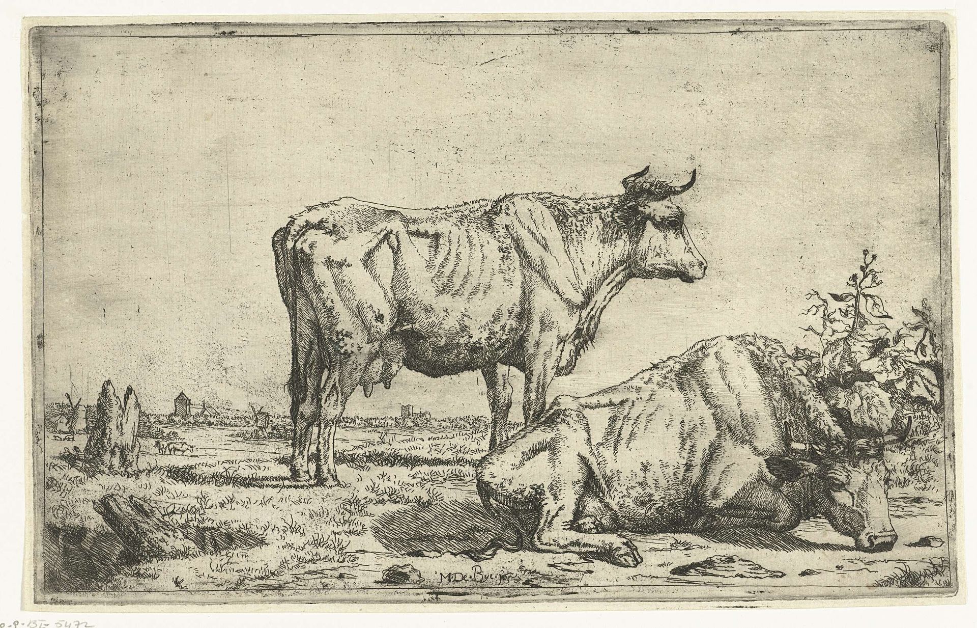 Staande en rustende koe, en profil by Marcus de Bye