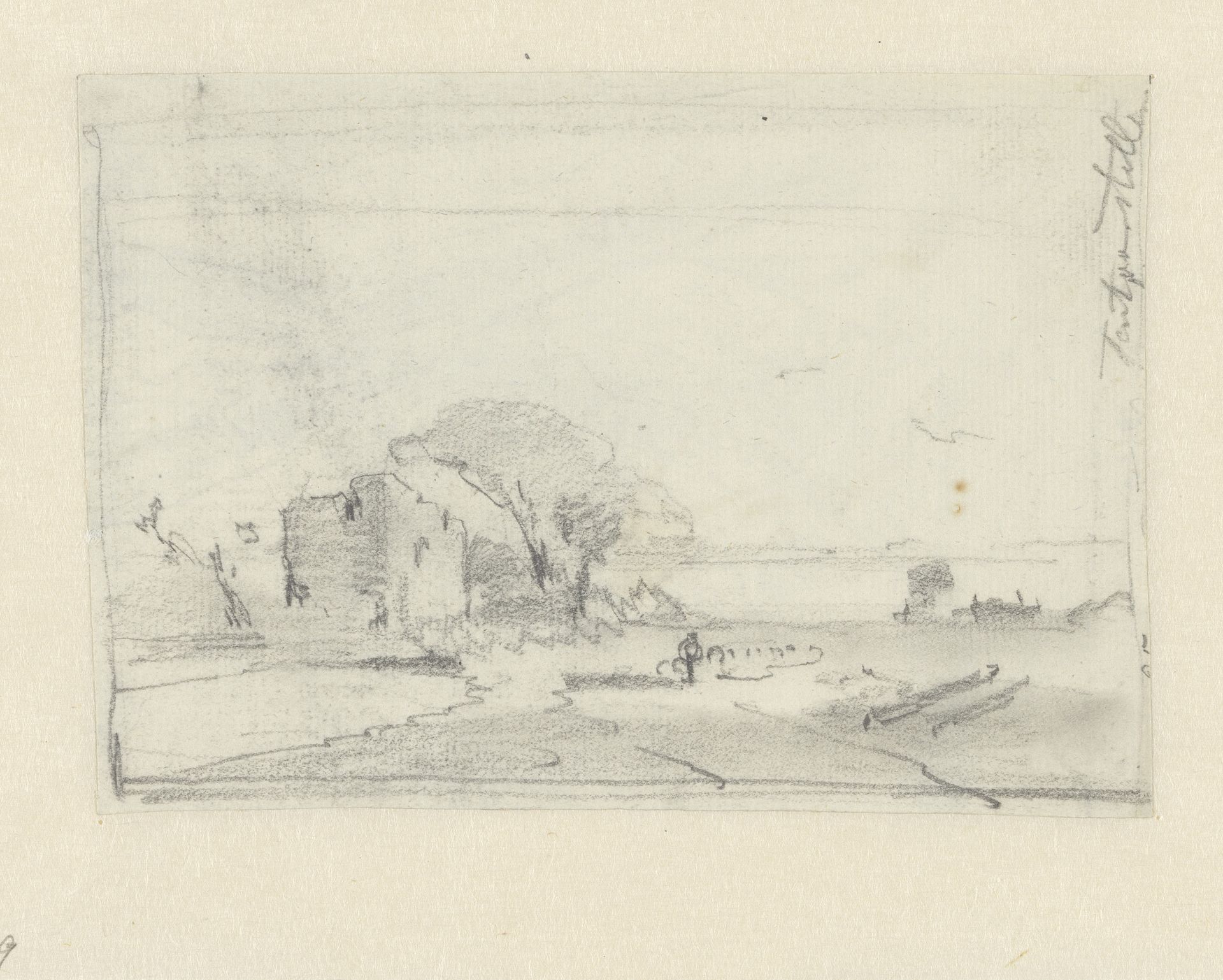 Schets van een landschap met een ruïne en bomen by Andreas Schelfhout