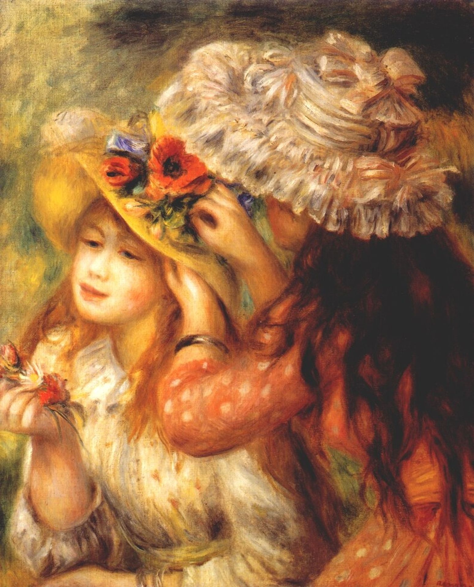 Girls putting flowers on their hats by Pierre-Auguste Renoir