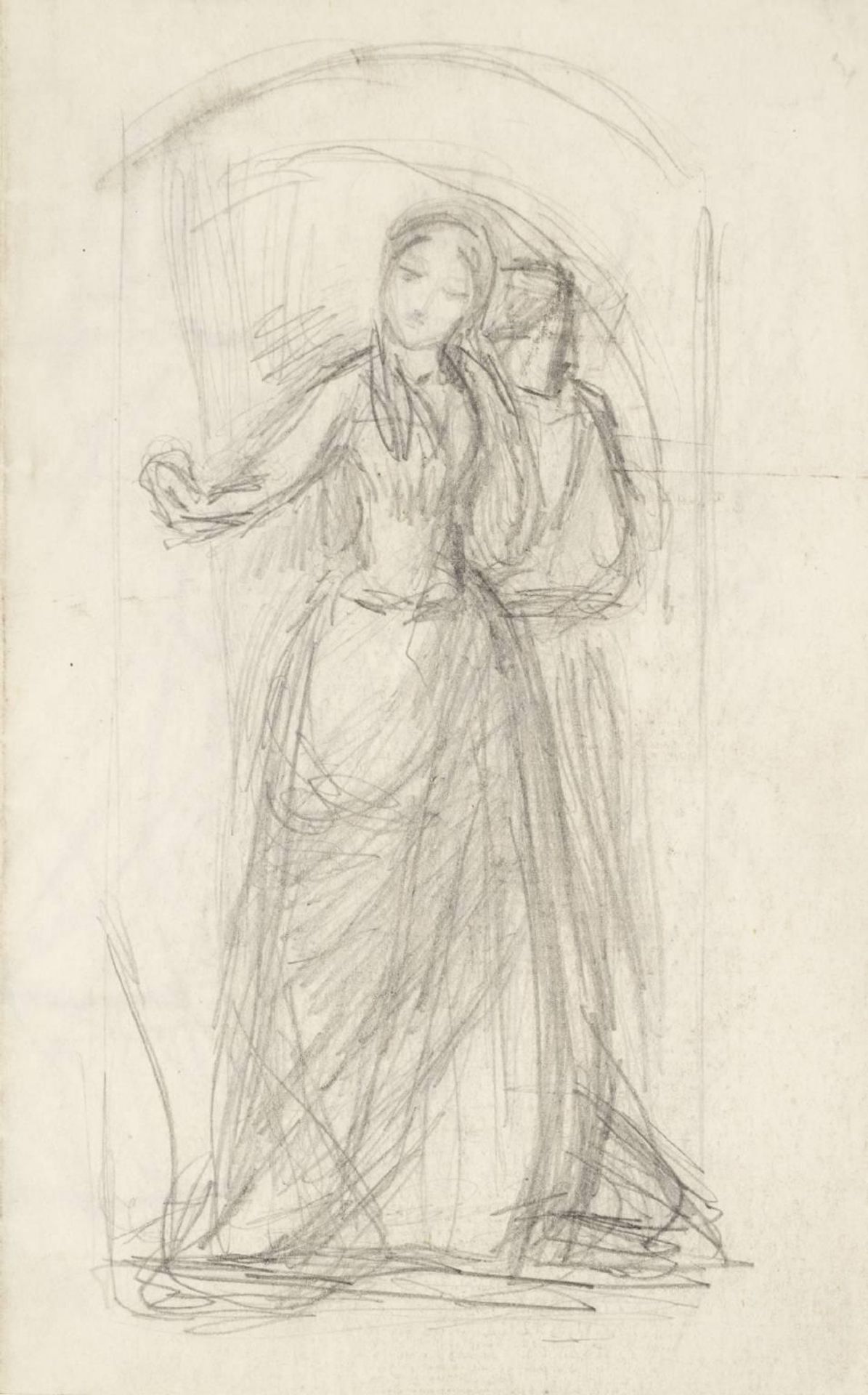 Study for ‘Madeline and Porphyro Escaping from the Castle’ for the Right-hand Panel of ‘The Eve of St Agnes’. Verso: ?Study for ‘The Seed of David’ by D.G. Rossetti by Arthur Hughes