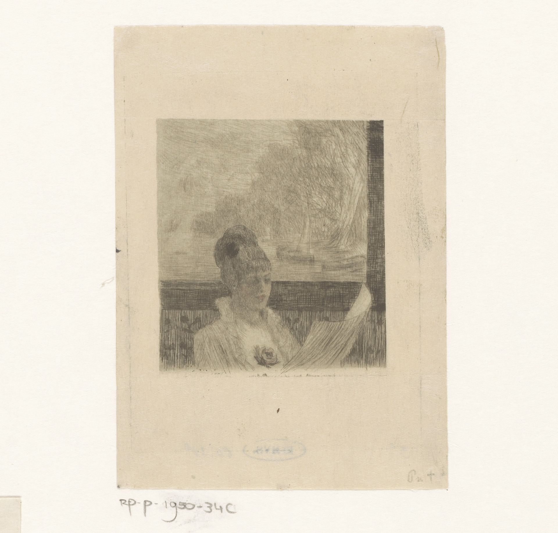Vrouw leest aan het raam by Felicien Rops
