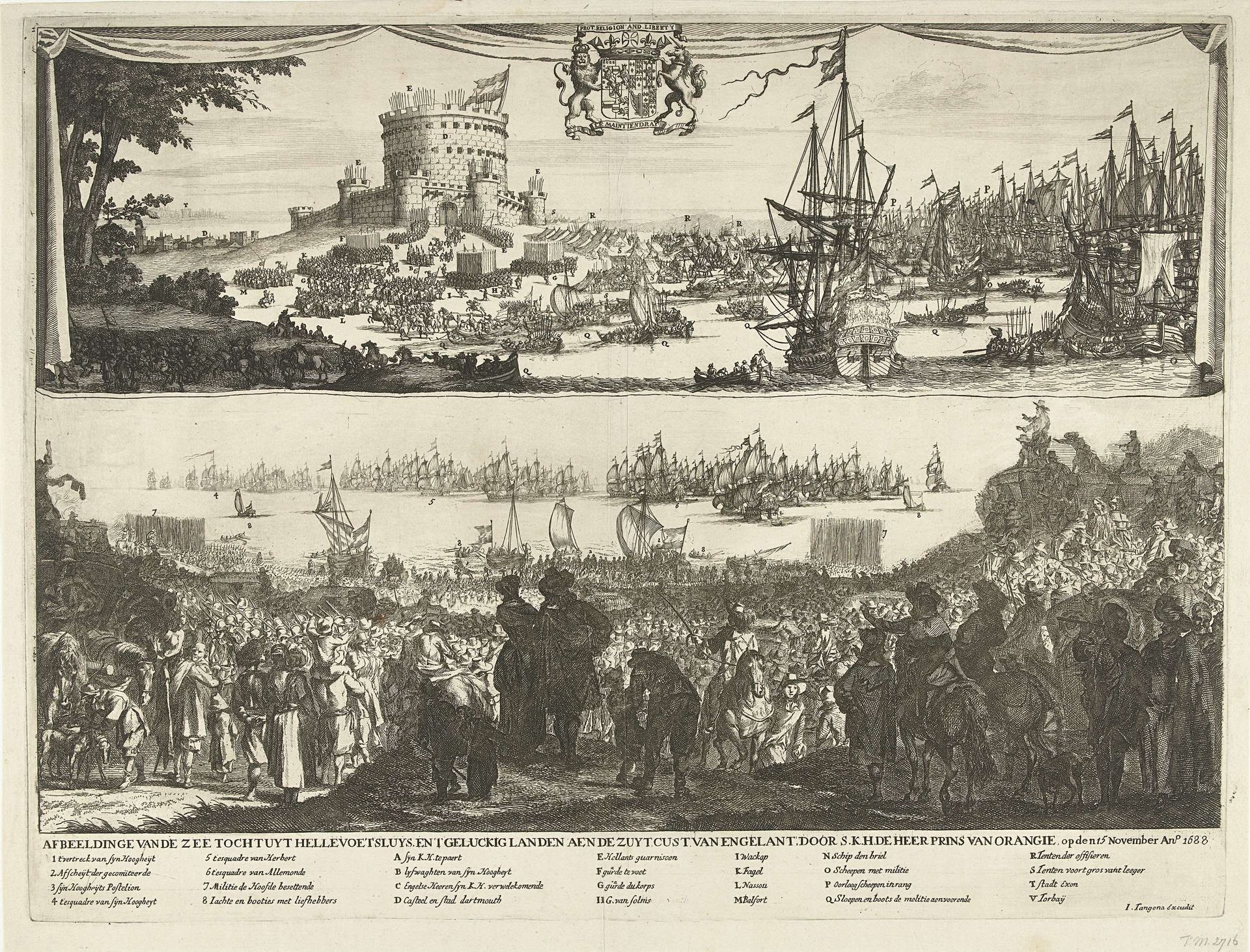 Vertrek van Willem III met zijn vloot vanuit Hellevoetsluis en zijn aankomst in Engeland op 15 november 1688 by Dancker Danckerts