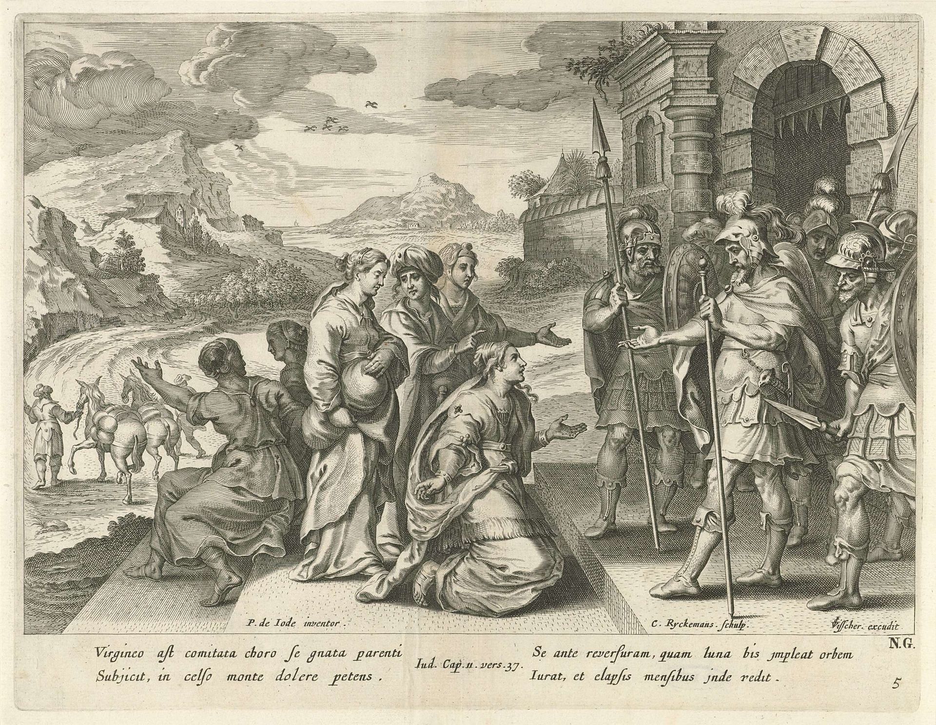 Jefta geeft zijn dochter toestemming om de bergen in te gaan by Nicolaes Ryckmans