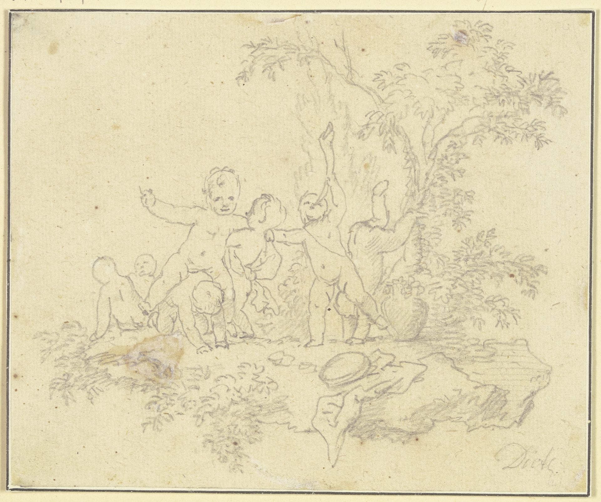 Sieben spielende Putten unter einem Baum by Christian Wilhelm Ernst Dietrich