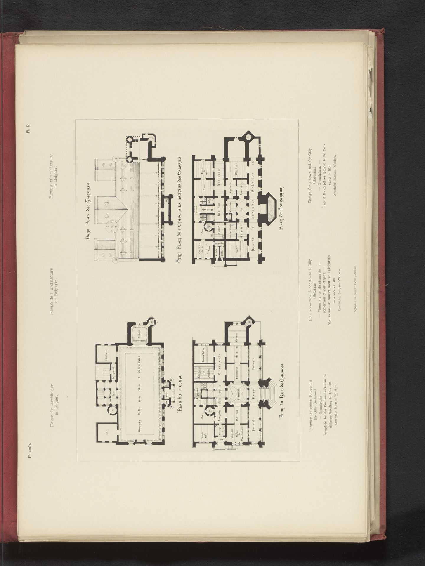 Vier reproducties van plattegronden van verdiepingen van een stadhuis voor Gilly, België, door Jean-Jacques Winders by Römmler & Jonas