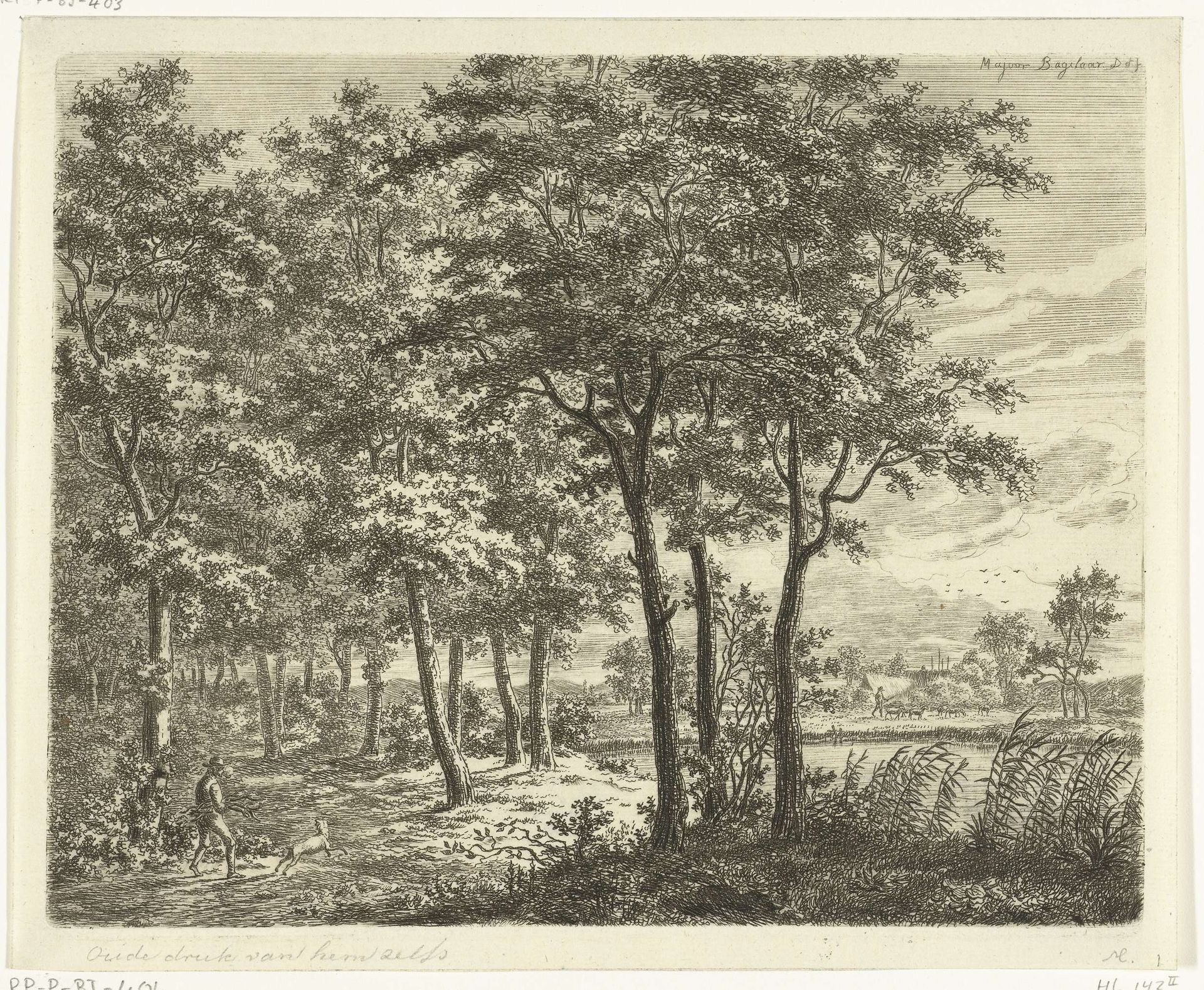 Landschap met hond en man die een takkenbos draagt by Ernst Willem Jan Bagelaar