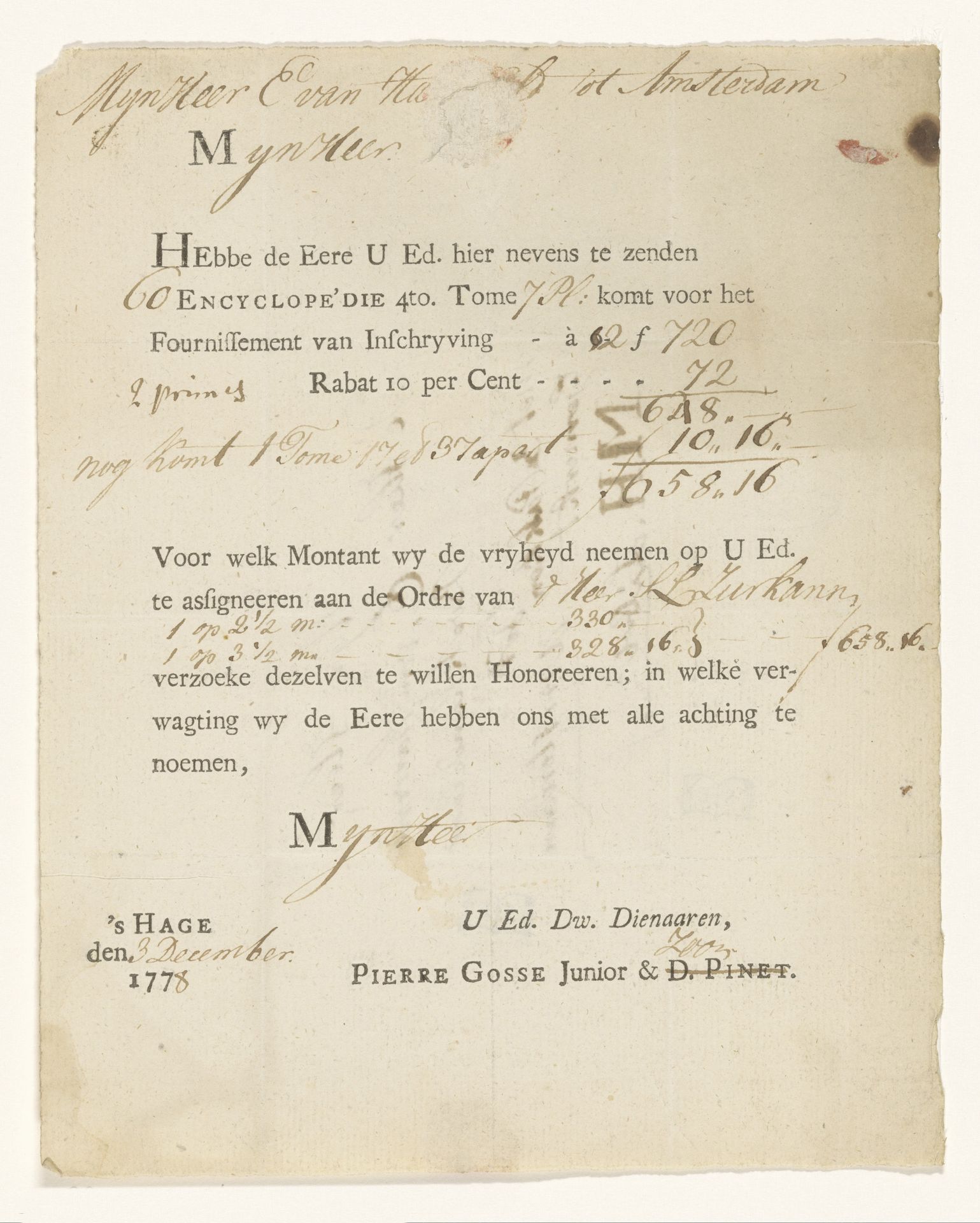 Kwitantie voor de levering van een encyclopedie by Pierre Gosse jr.