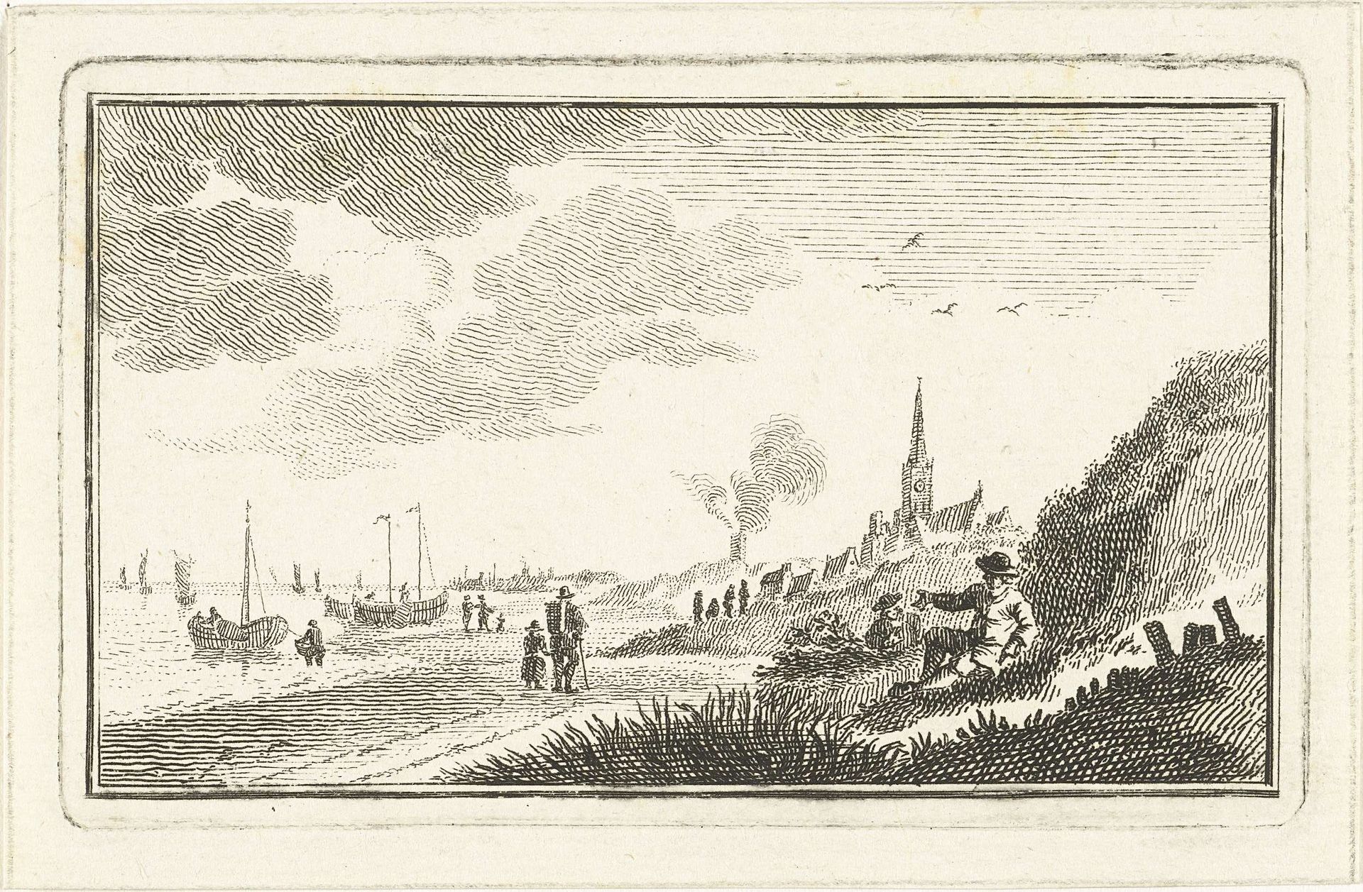 Kustgezicht met dorp in duinen en vissersboten op het strand by Abraham Delfos