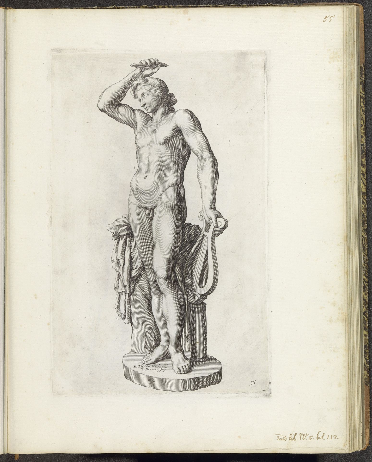 Standbeeld van Apollo met lier by Cornelis Bloemaert