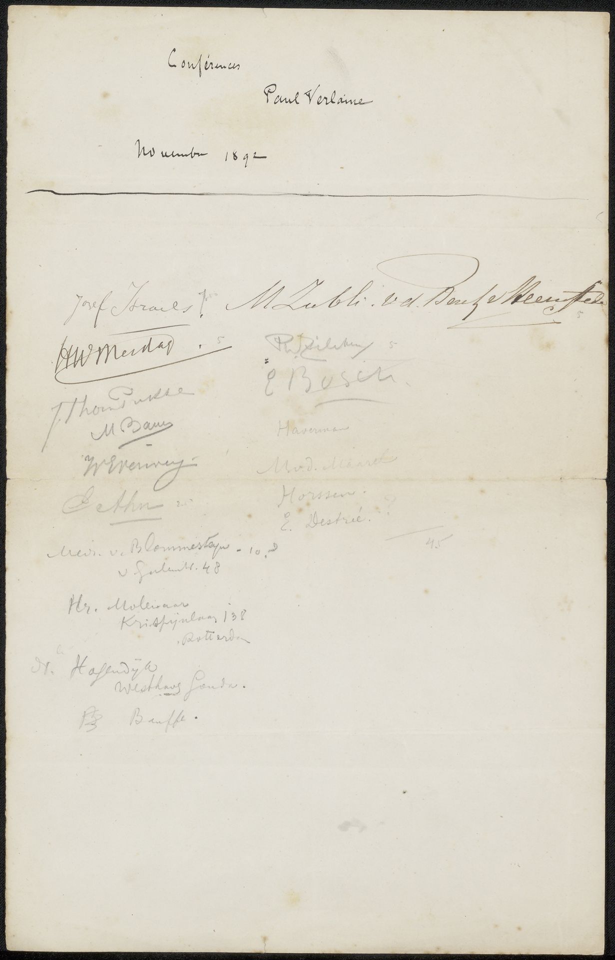 Lijst met intekenaren voor lezingen van Paul Verlaine by Philip Zilcken