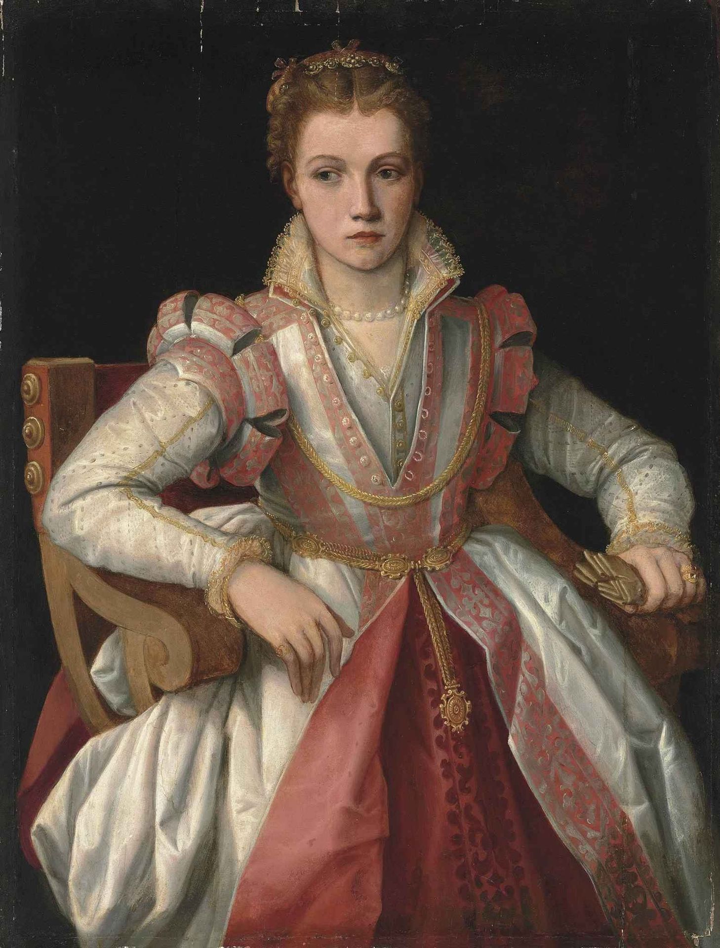 Portrait of a Lady in a White Dress Trimmed in Pink by Francesco de' Rossi (Francesco Salviati), "Cecchino"