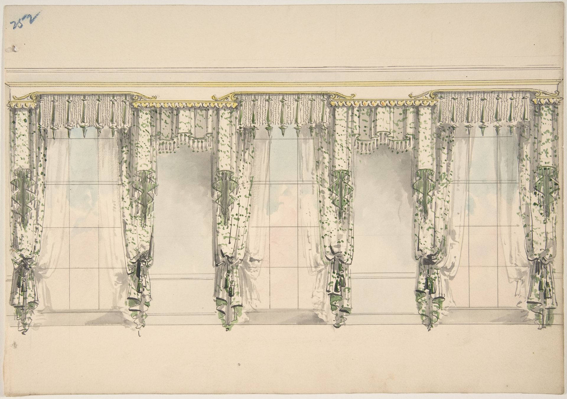 Design for Green and White Curtains with Green Fringes, and White and Gold Pediments by Anonymous