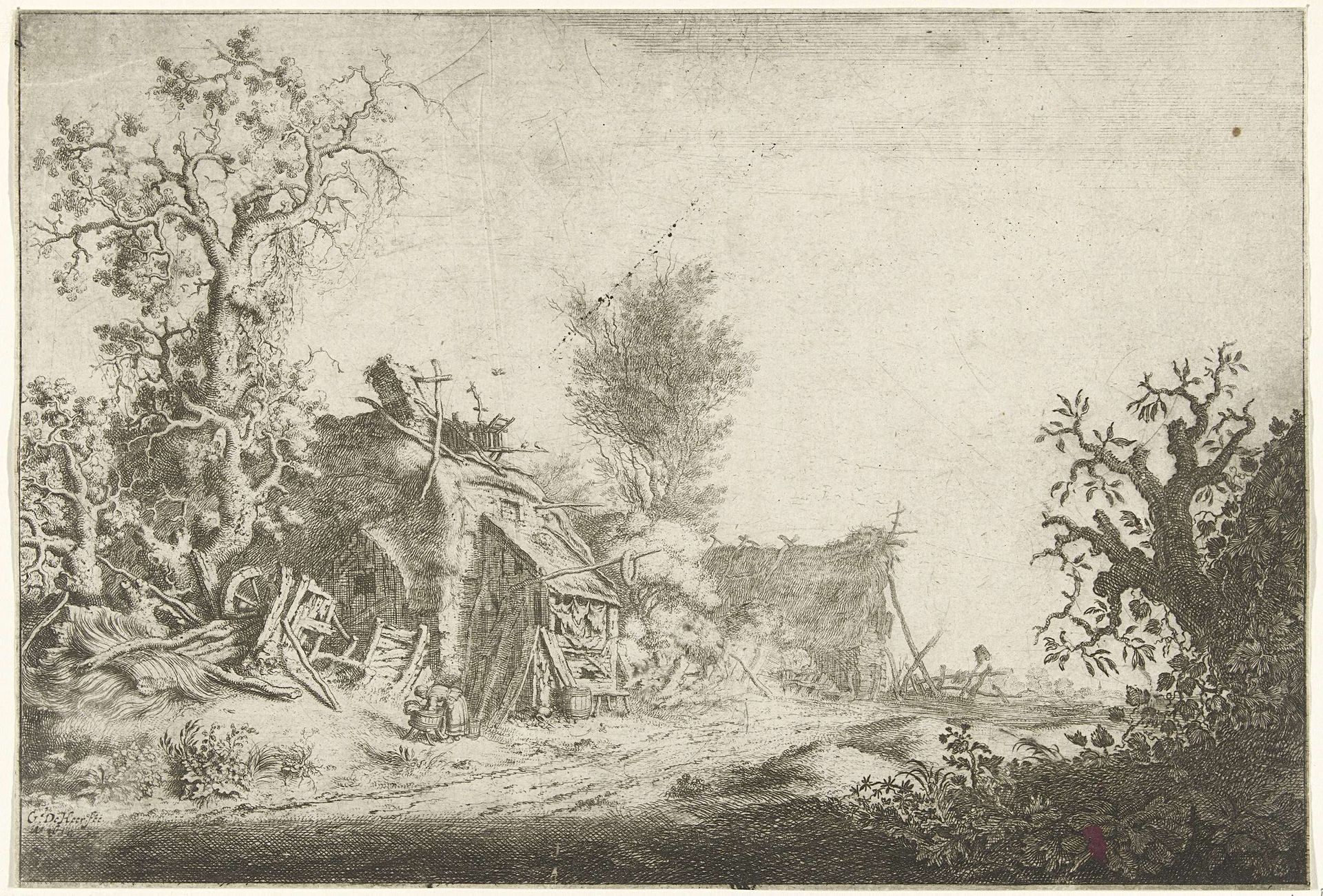 Landschap met vervallen boerderijen by Gerrit de Heer