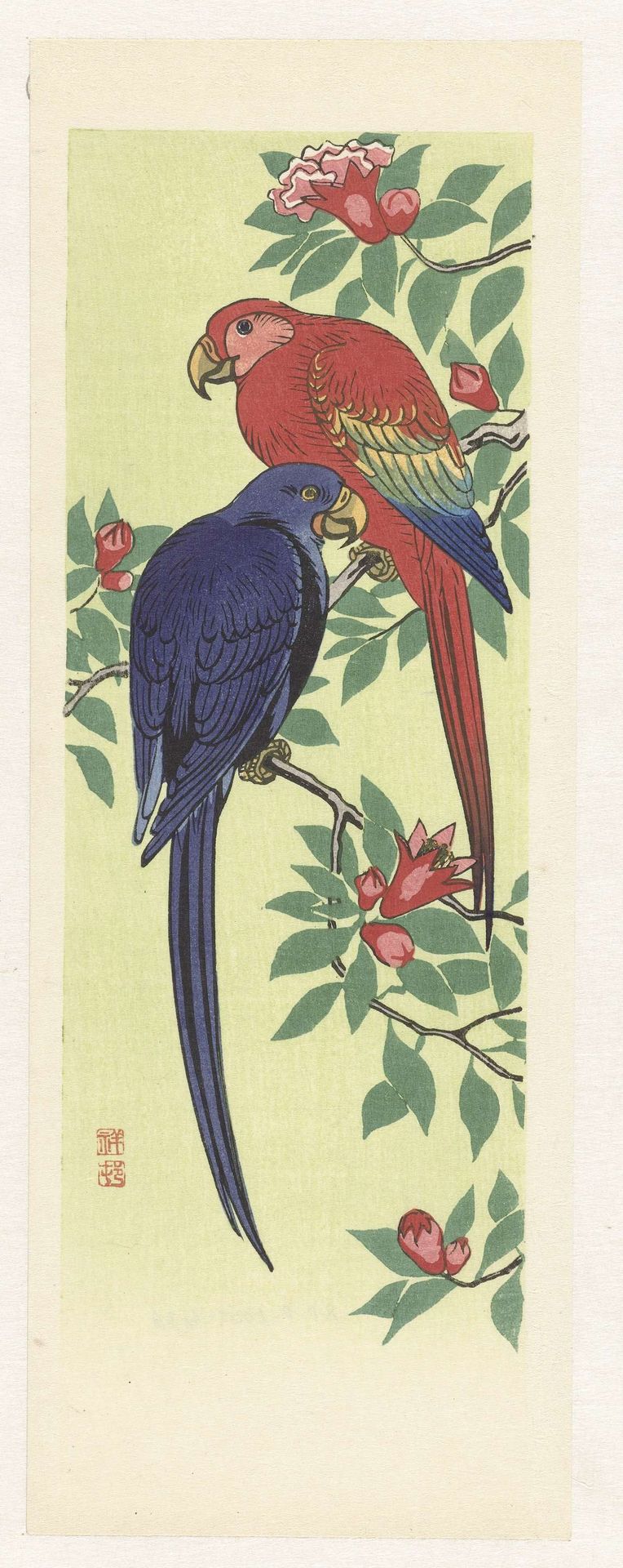 Rode en een blauwe papegaai by Ohara Koson