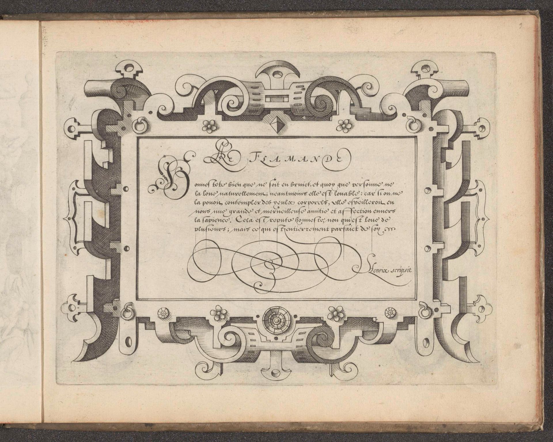 Schrijfvoorbeeld: Honnestete bien que ne soit en bruict by Jodocus (I) Hondius
