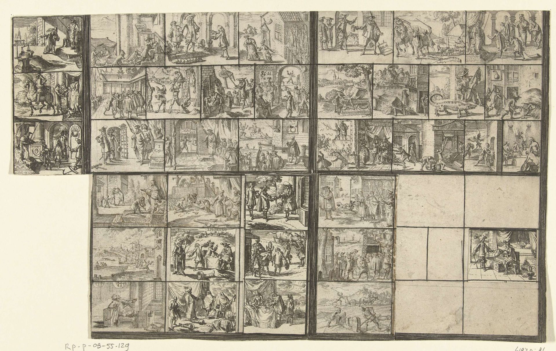 Blad met tientallen kleine voorstellingen van juridische aard (illustraties voor 'Ars magna et admirabilis (...) Pandectarum tituli (...) ope figurarum emblematicarum'?) by Romeyn de Hooghe