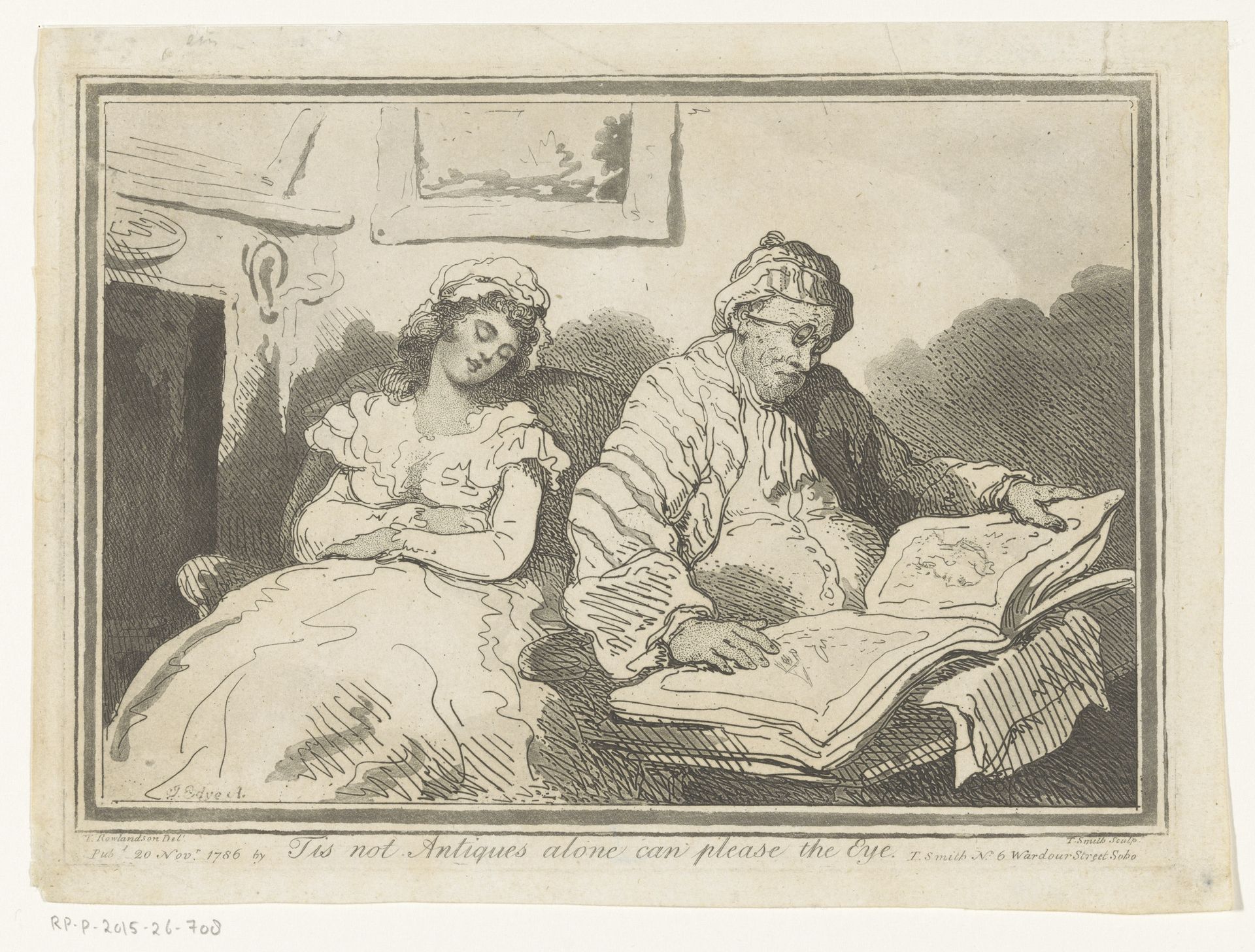 Oude man bladert door een prentalbum, naast hem zijn jonge vrouw by T. Smith