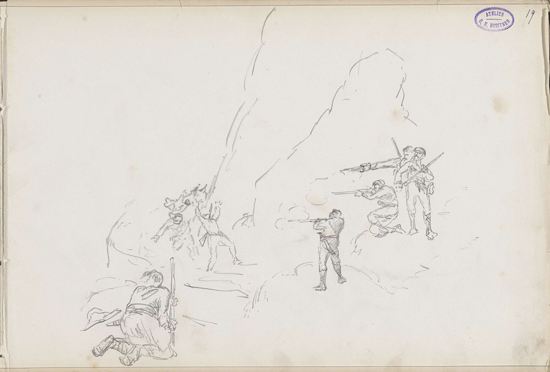 Strijdende soldaten in een rotsachtig landschap by George Hendrik Breitner