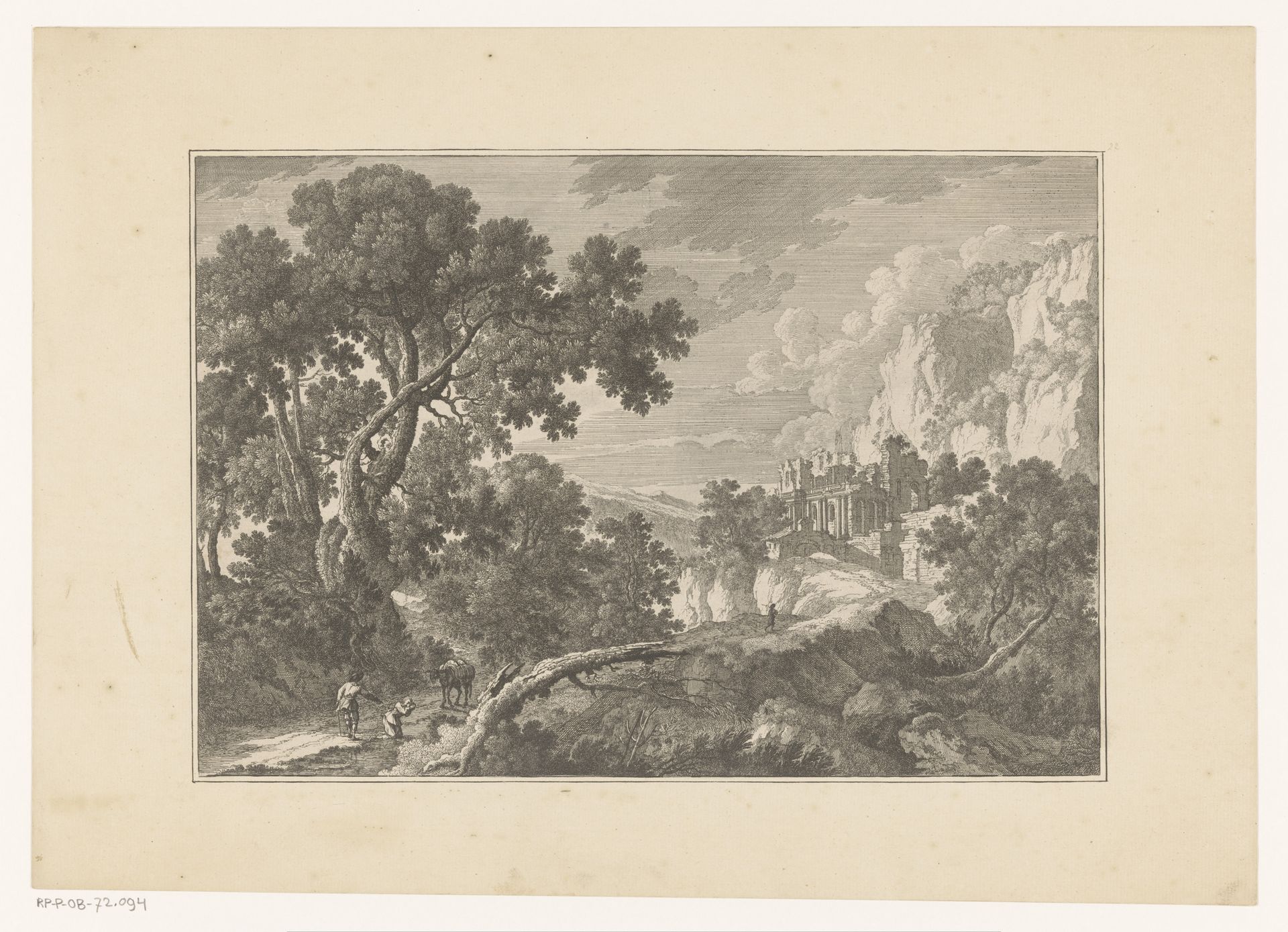 Landschap met knielende figuur bij een ezel by Nicolas Perelle