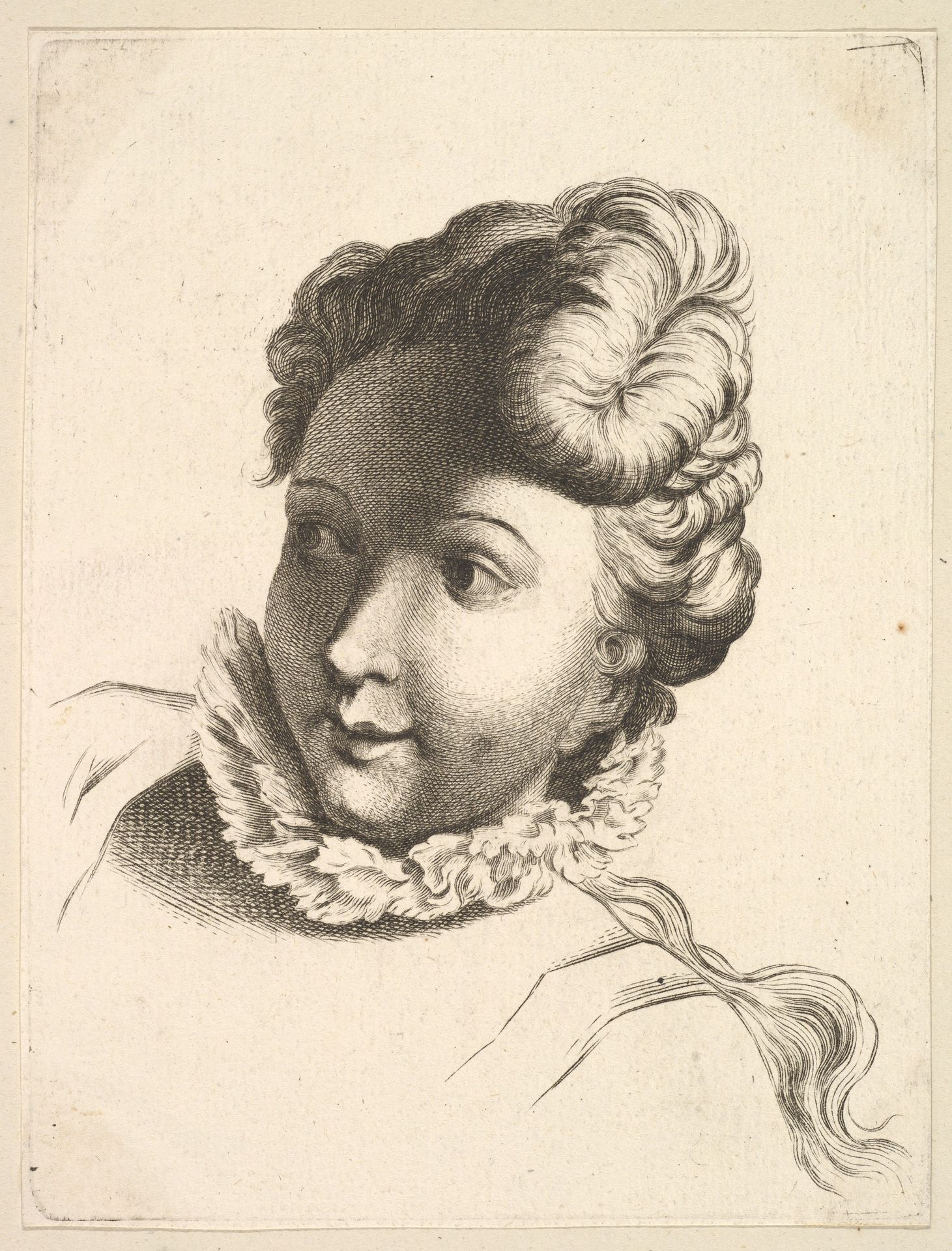 Head of a Woman Wearing a Ruff, from "Livre de Têtes Gravées d'apres F. Boucher et Autres" (Book of Heads Engraved after F. Boucher and Others) by Anonymous