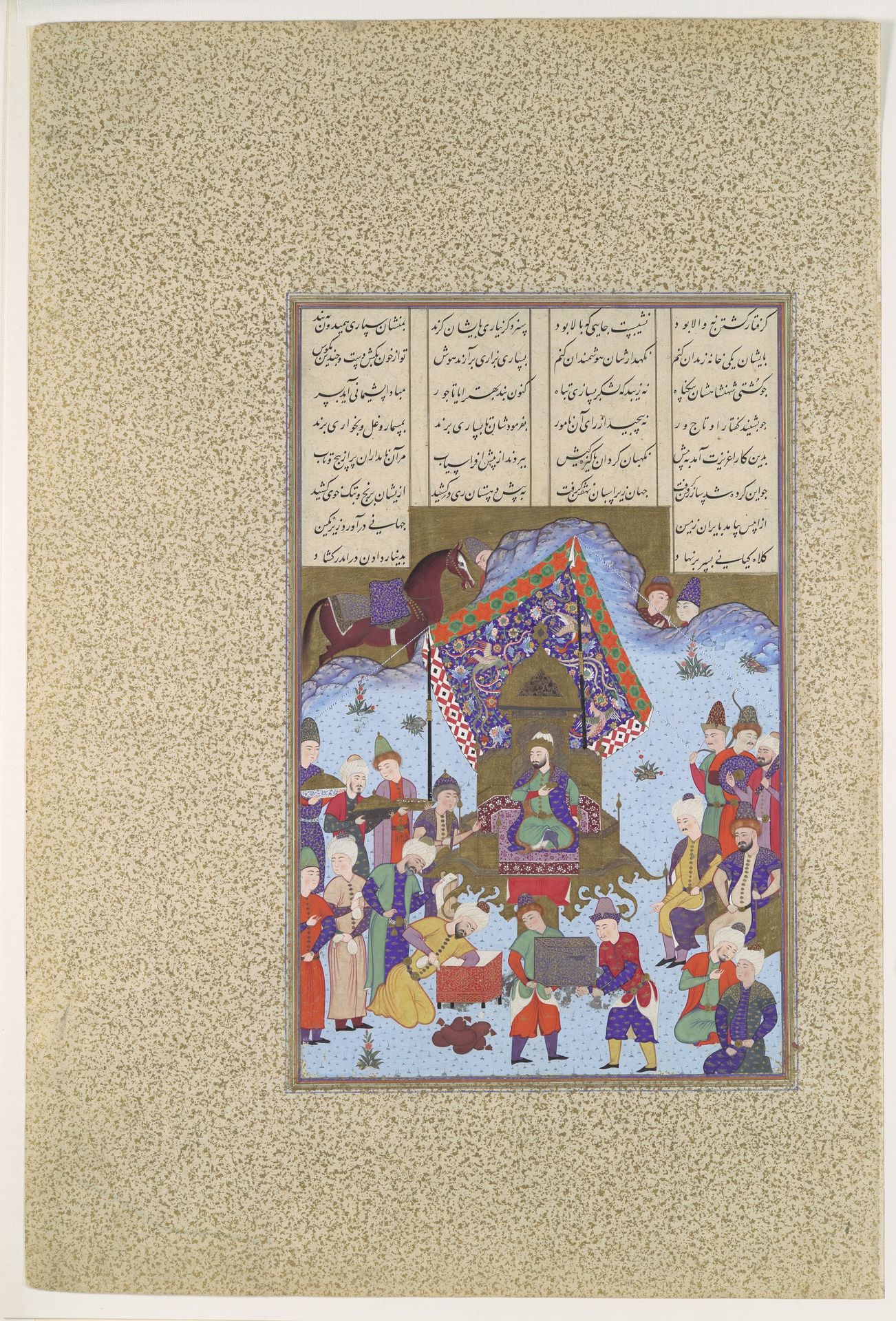 "Afrasiyab on the Iranian Throne", Folio 105r from the Shahnama (Book of Kings) of Shah Tahmasp by Abu'l Qasim Firdausi