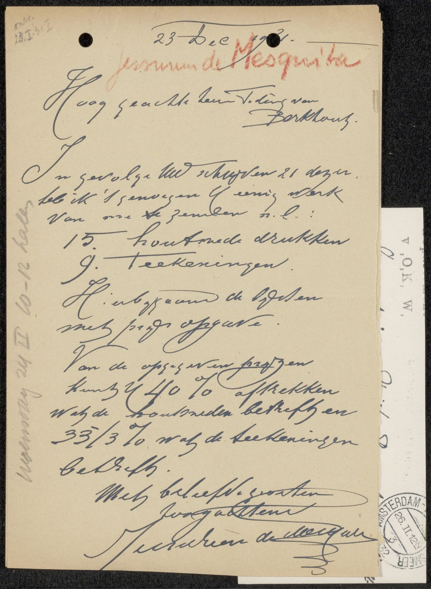 Brief aan jonkheer Hendrik Teding van Berkhout (1879-1969) by Samuel Jessurun de Mesquita