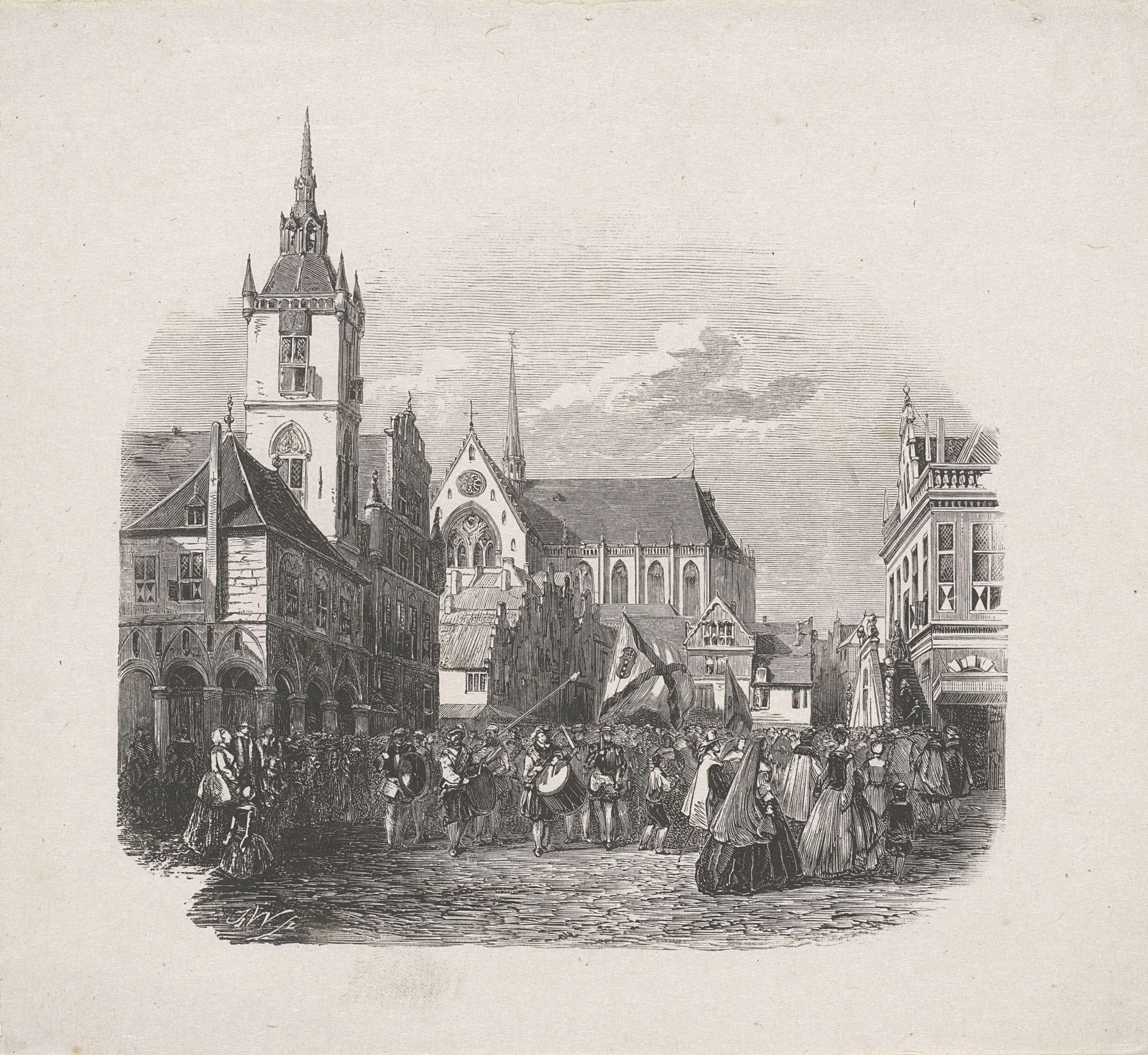 Dam te Amsterdam in de middeleeuwen met feestende figuren voor het Oude Stadhuis en de Nieuwe Kerk by Isaac Weissenbruch