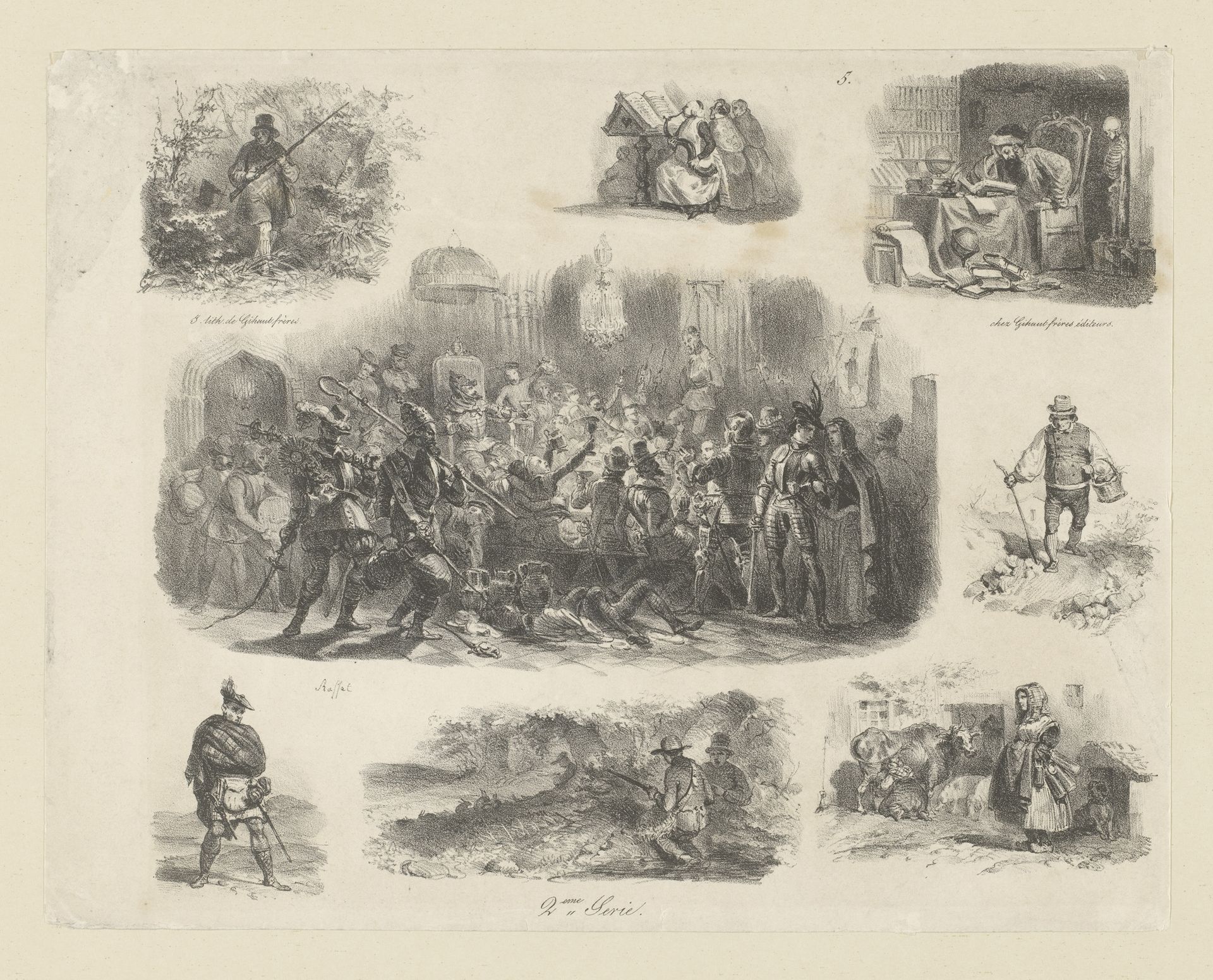 Schetsblad met onder andere een jager, filosoof, een boer en een Schot by Auguste Raffet
