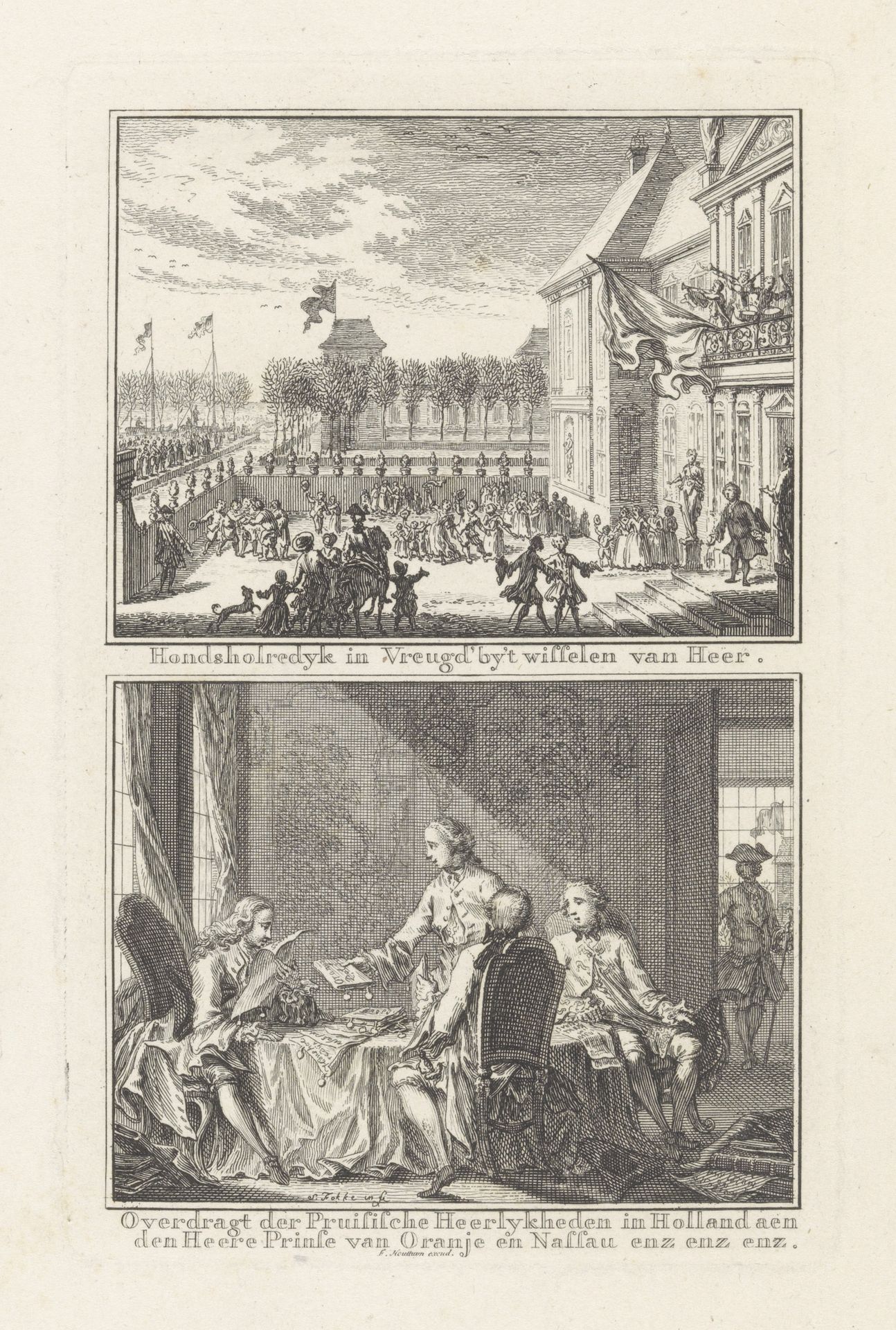 Paleis Honselaarsdijk wisselt van eigenaar / Verkoop van de Pruisische heerlijkheden aan Anna van Hannover, 1754 by Simon Fokke