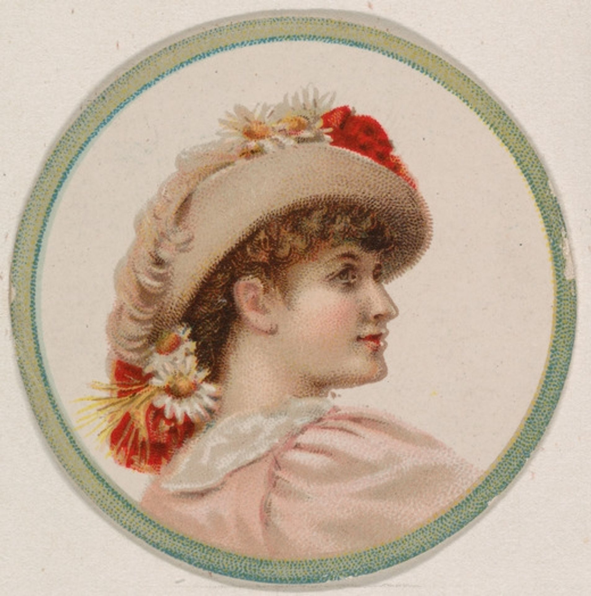 Woman wearing hat with flowers and feathers, from the Novelties series (N228, Type 2) issued by Kinney Bros. by Kinney Brothers Tobacco Company