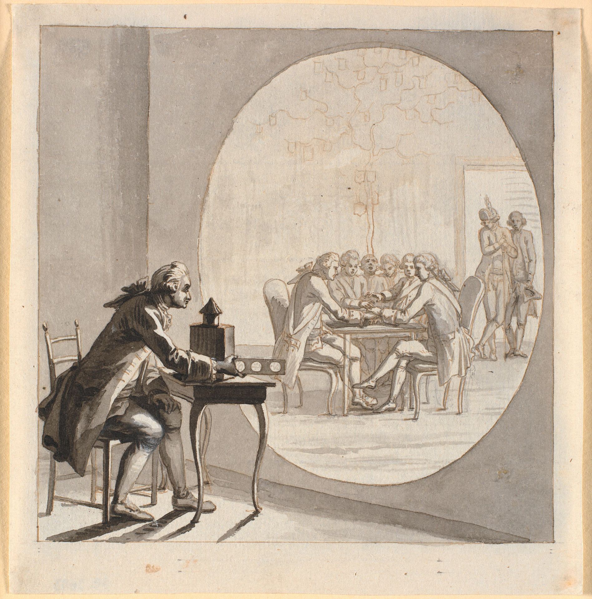 En mand med et laterna magica viser et billede af gehejmestatsrådet by Nicolai Abildgaard